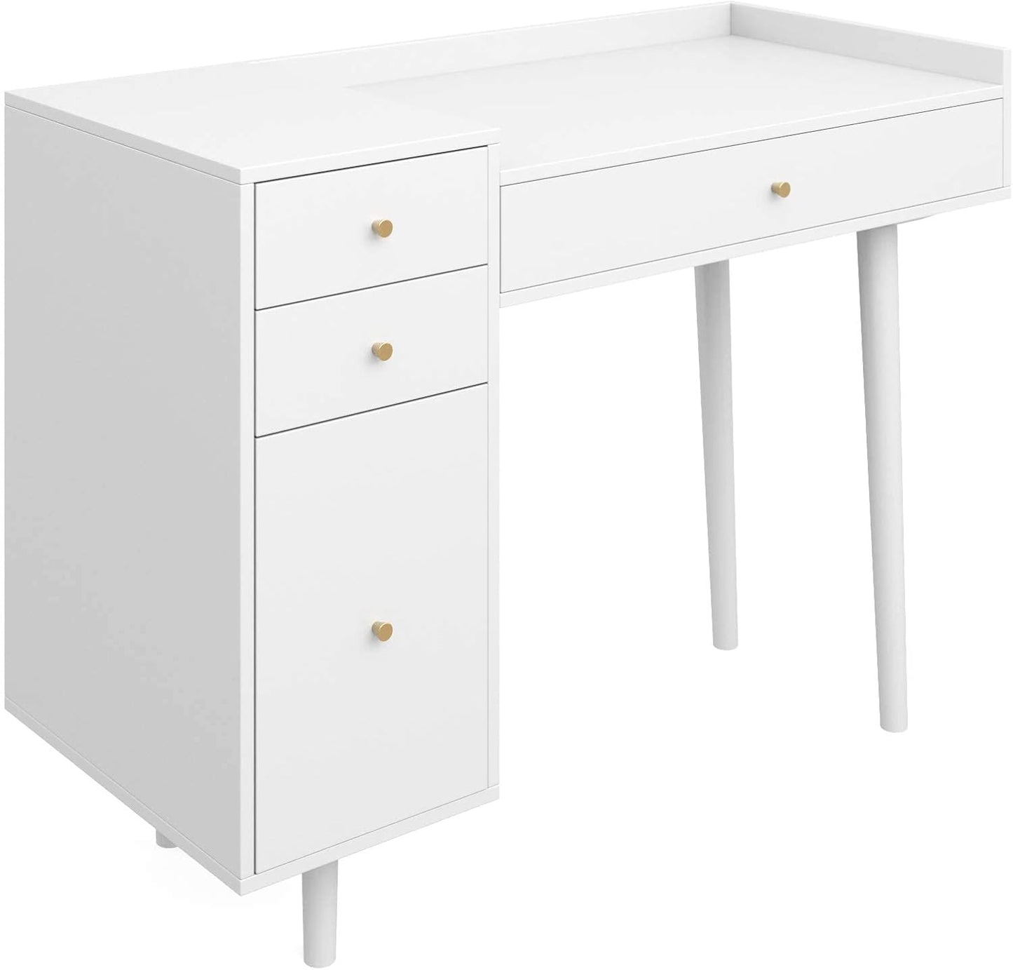 Nathan James Daisy Vanity Dressing Table or Makeup Desk with 4-Drawers and Brass Accent Knobs, White Wood