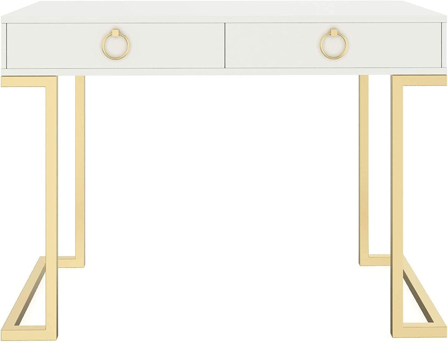 Nathan James Daisy Vanity Dressing Table or Makeup Desk with 4-Drawers and Brass Accent Knobs, White Wood