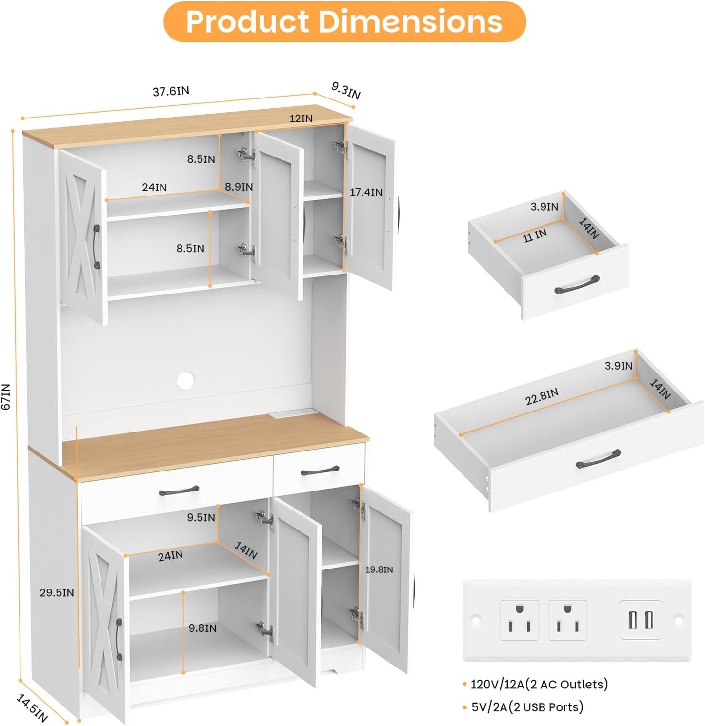 67" Tall Pantry Cabinet with Charging Station, Pantry Storage Cabinet with Drawers and Shelves, Food Pantry with Microwave Stand, Cupboard for Kitchen, Dining, Living Room, White