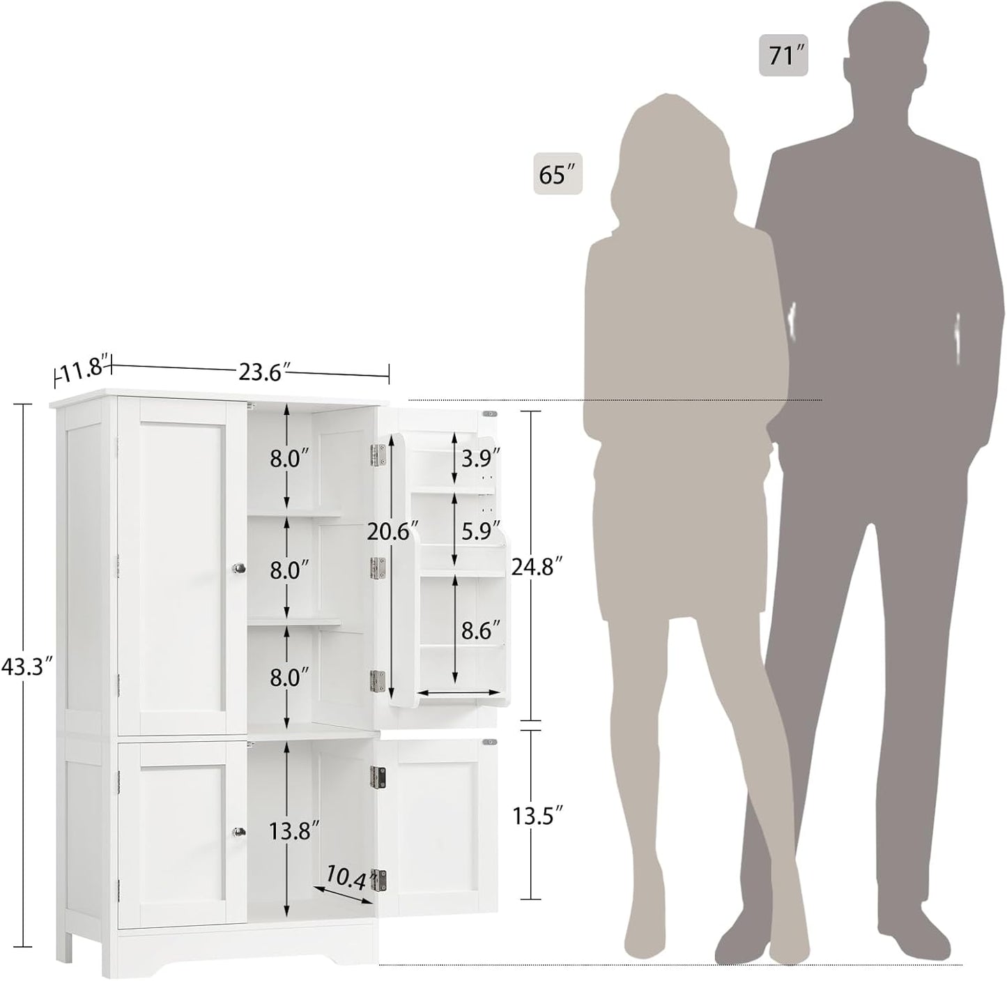 TEENFON 43'H Pantry Cabinet with 4 Doors, Kitchen Cabinet with 6 Door Shelves, Kitchen Pantry for Living Room, Dining Room, Bathroom, White