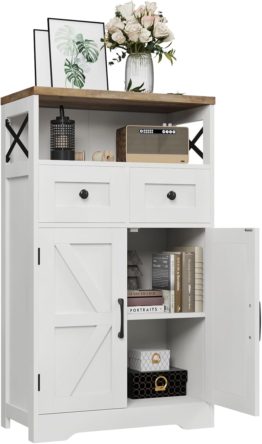 Farmhouse White Storage Cabinet with Doors and Drawers, Freestanding Kitchen Pantry Cabinet, Floor Storage Cabinet Hutch Cupboard for Kitchen/Laundry/Living Room/Bedroom