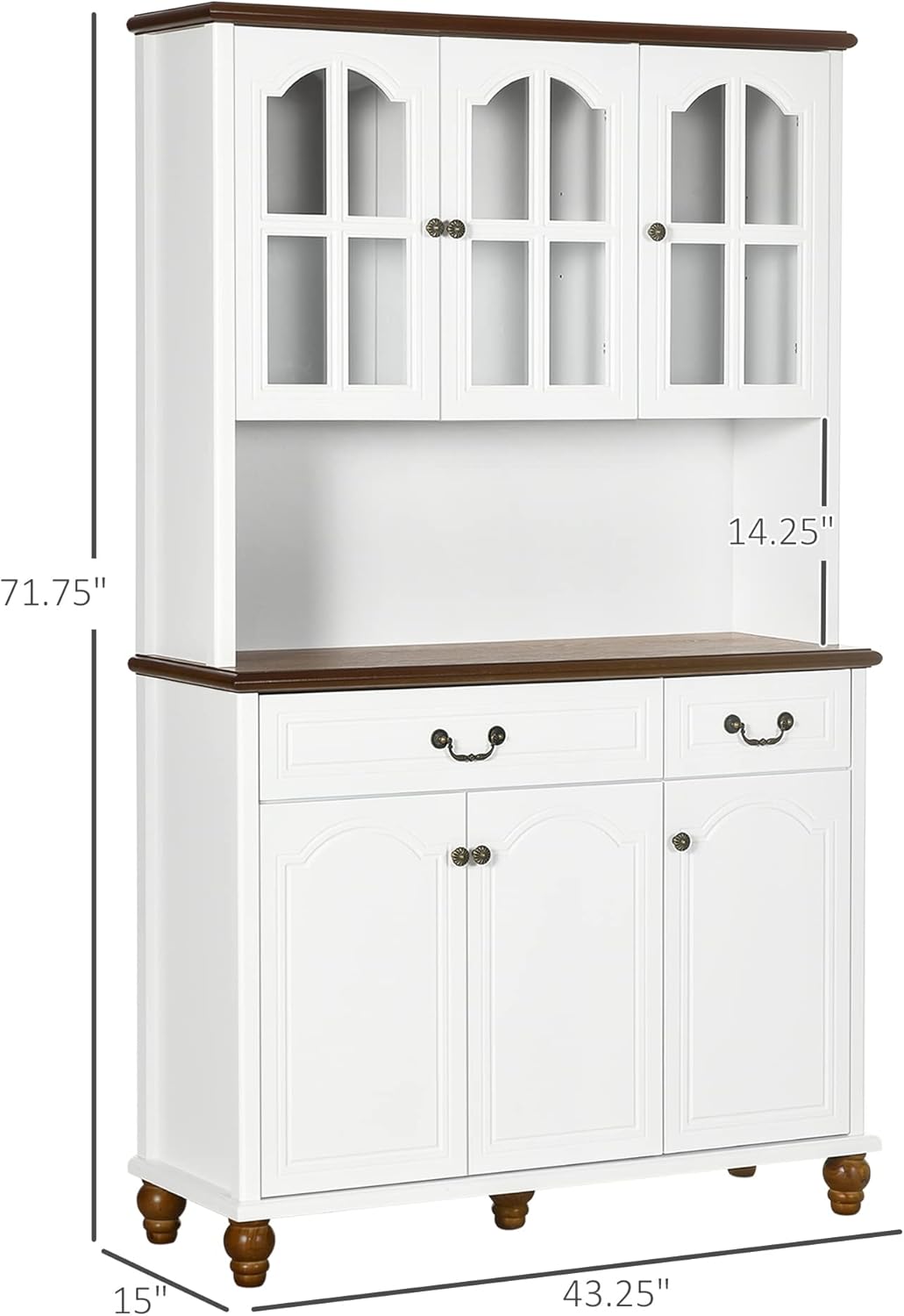 HOMCOM 71" Kitchen Pantry Cabinet, Kitchen Hutch with Soft Closing Window Pane Doors, Freestanding Storage Cabinet with Microwave Stand, 2 Drawers and 3-Level Adjustable Shelves for Dining Room, White