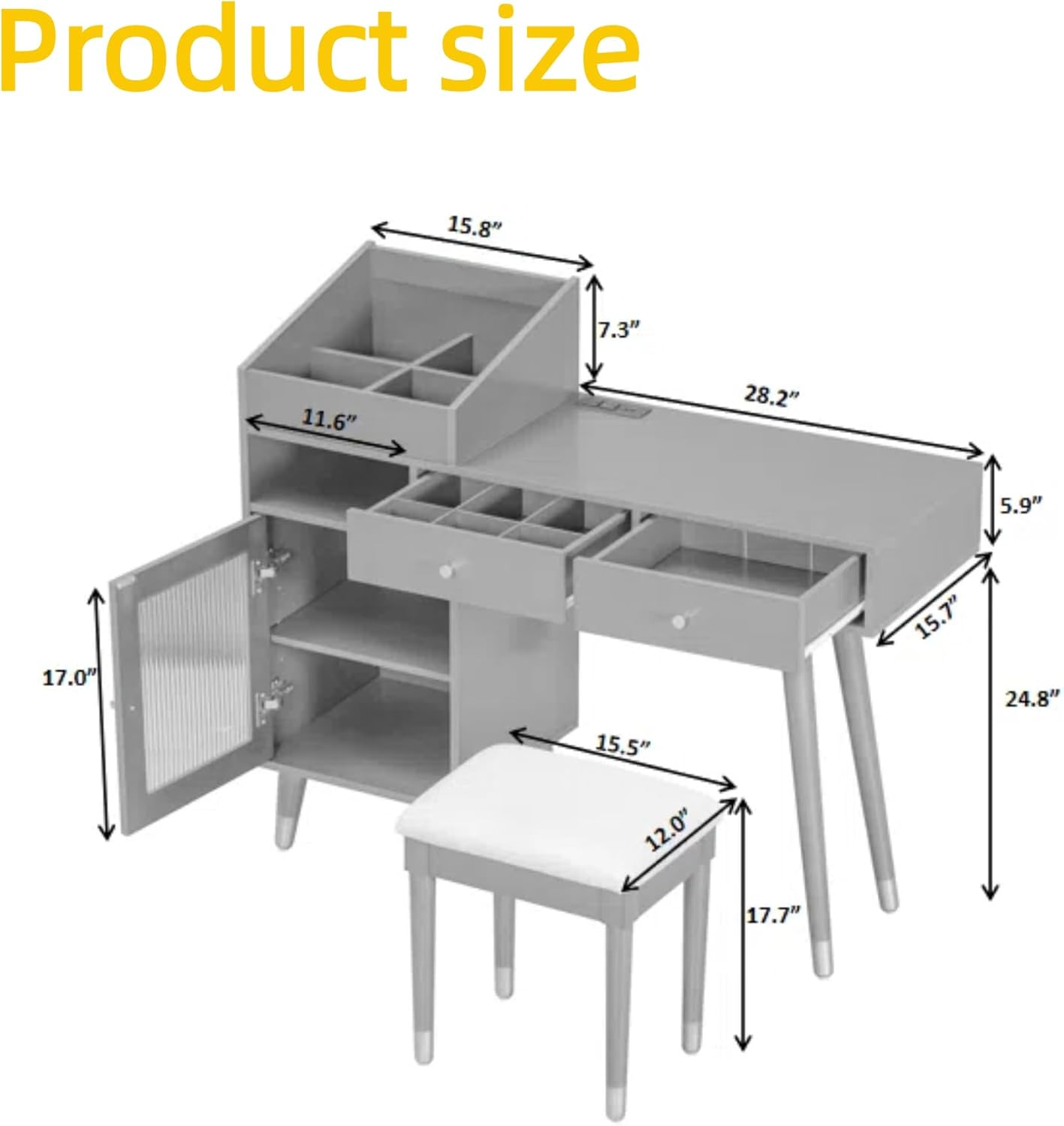 Wooden Makeup Vanity Desk, Modern Dressing Table with Spacious Desktop & Large Drawer, Stool, Space-Saving Dresser Table with Side Cabinets & Charging Port for Small Places, Walnut