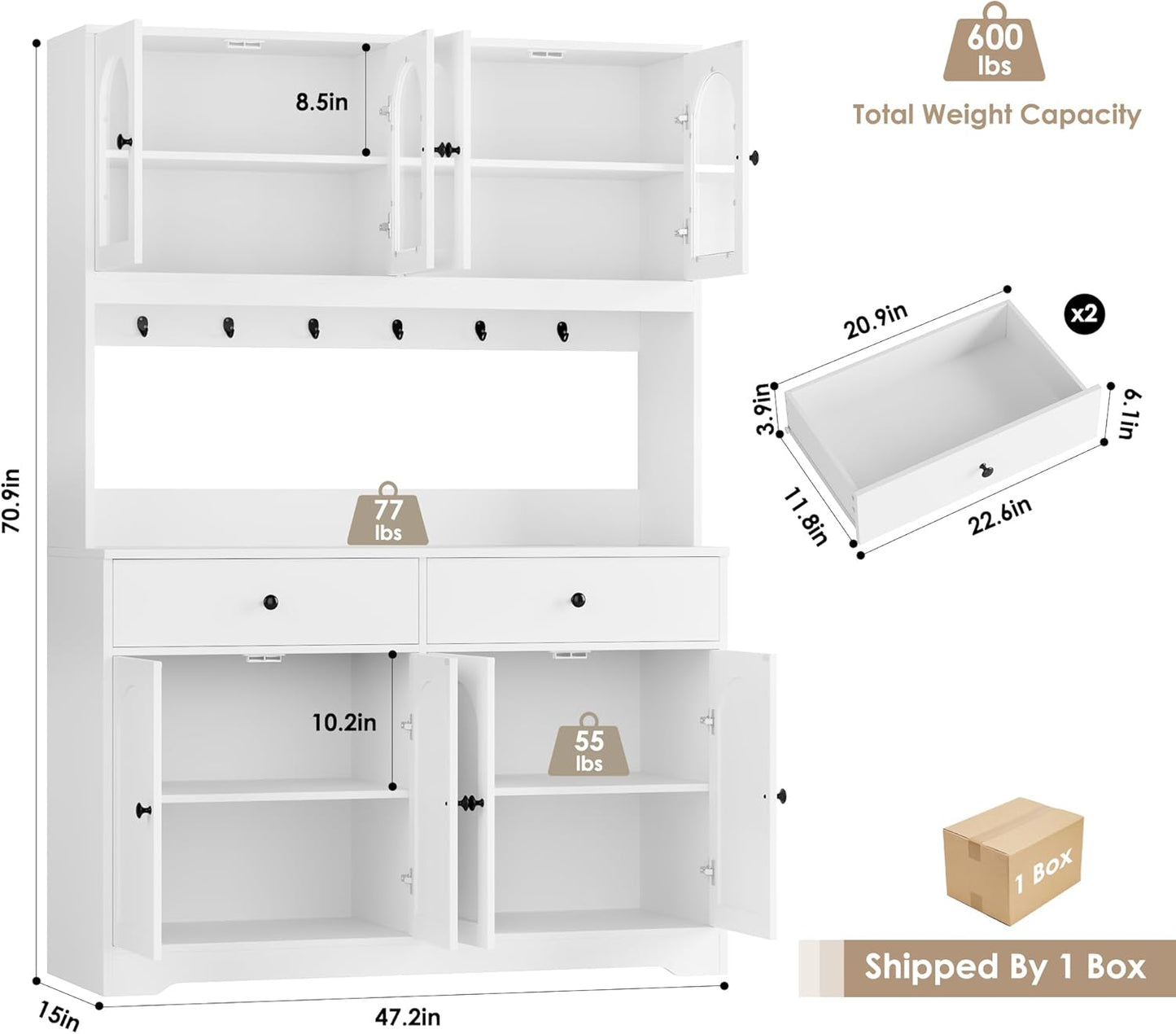 HIFIT 71" LED Kitchen Pantry Cabinet with Power Outlet, Large Kitchen Hutch Storage Cabinet with Arched Door & Shelves & 2 Drawers, Tall Modern Coffee Bar with Hutch for Home Dining Living Room, White