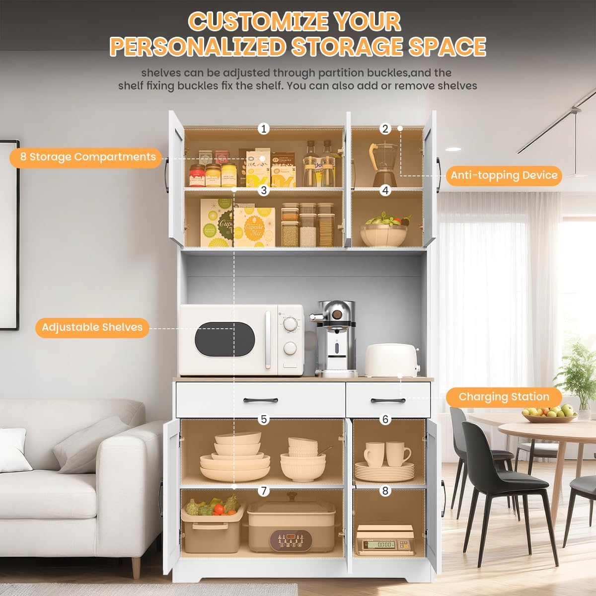 67" Tall Pantry Cabinet with Charging Station, Pantry Storage Cabinet with Drawers and Shelves, Food Pantry with Microwave Stand, Cupboard for Kitchen, Dining, Living Room, White