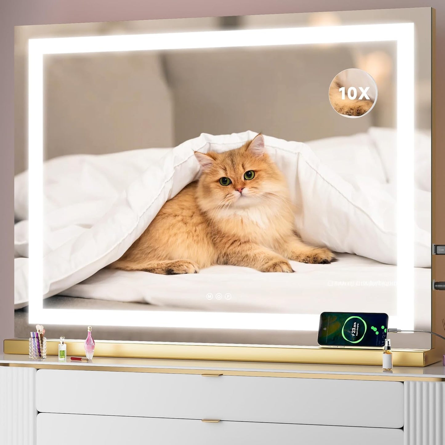 Vanity Mirror with Lights, 23" x 18" LED Makeup Mirror with 10X Magnification, Dimmable 3 Modes, Memory Function, Smart Touch, USB Charging Port, Lighted Makeup Mirror Square Glod