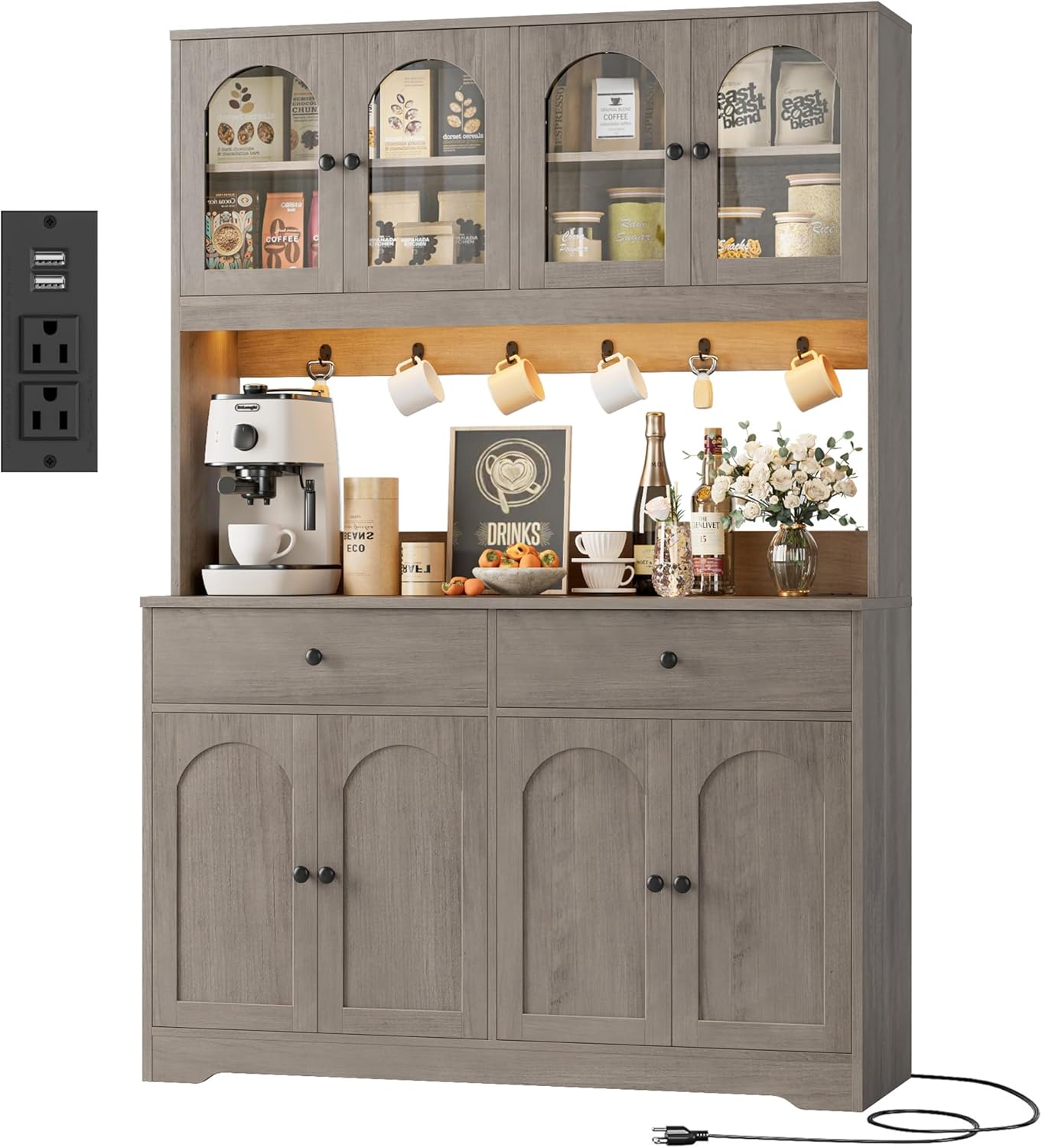 HIFIT 71" LED Kitchen Pantry Cabinet with Power Outlet, Large Kitchen Hutch Storage Cabinet with Arched Door & Shelves & 2 Drawers, Tall Modern Coffee Bar with Hutch for Home Dining Living Room, White
