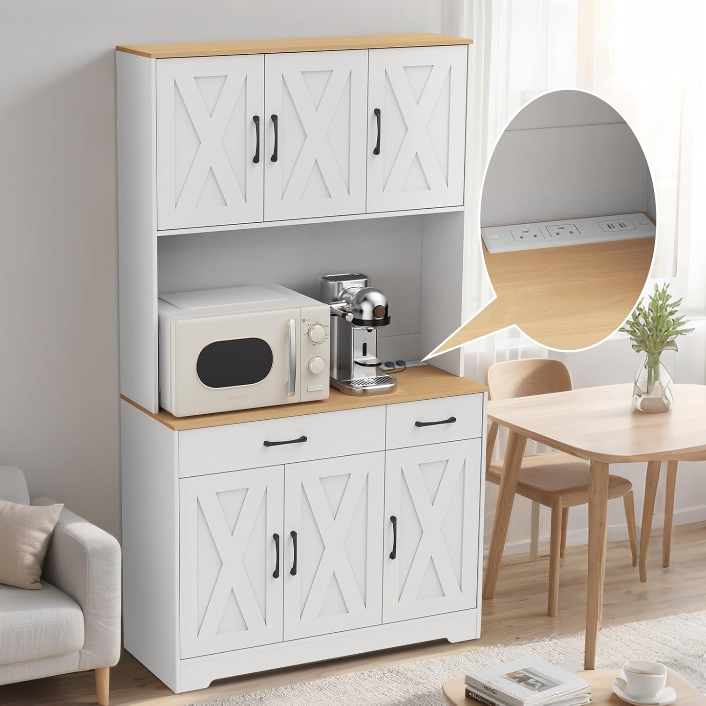 67" Tall Pantry Cabinet with Charging Station, Pantry Storage Cabinet with Drawers and Shelves, Food Pantry with Microwave Stand, Cupboard for Kitchen, Dining, Living Room, White