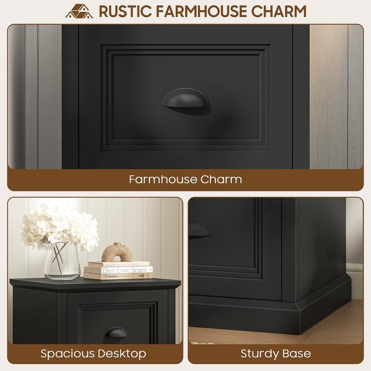 Vertical File Cabinet, Filing Cabinet with 2 File Drawers, Farmhouse Small File Cabinet Fits Letter/A4 Size, Wooden Printer Stand, Under Desk Cabinets for Home Office, Black