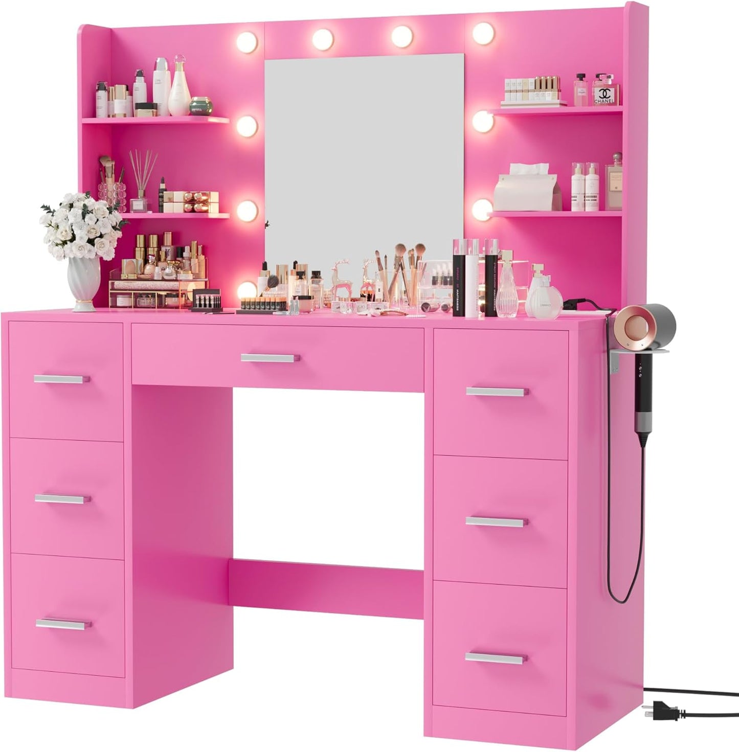 Furmax Vanity Desk with Mirror, LED Lights and Power Outlet Makeup Vanity Table with 7 Drawers and 6 Storage Shelves Dressing Table for Bedroom Dressing Room (White)