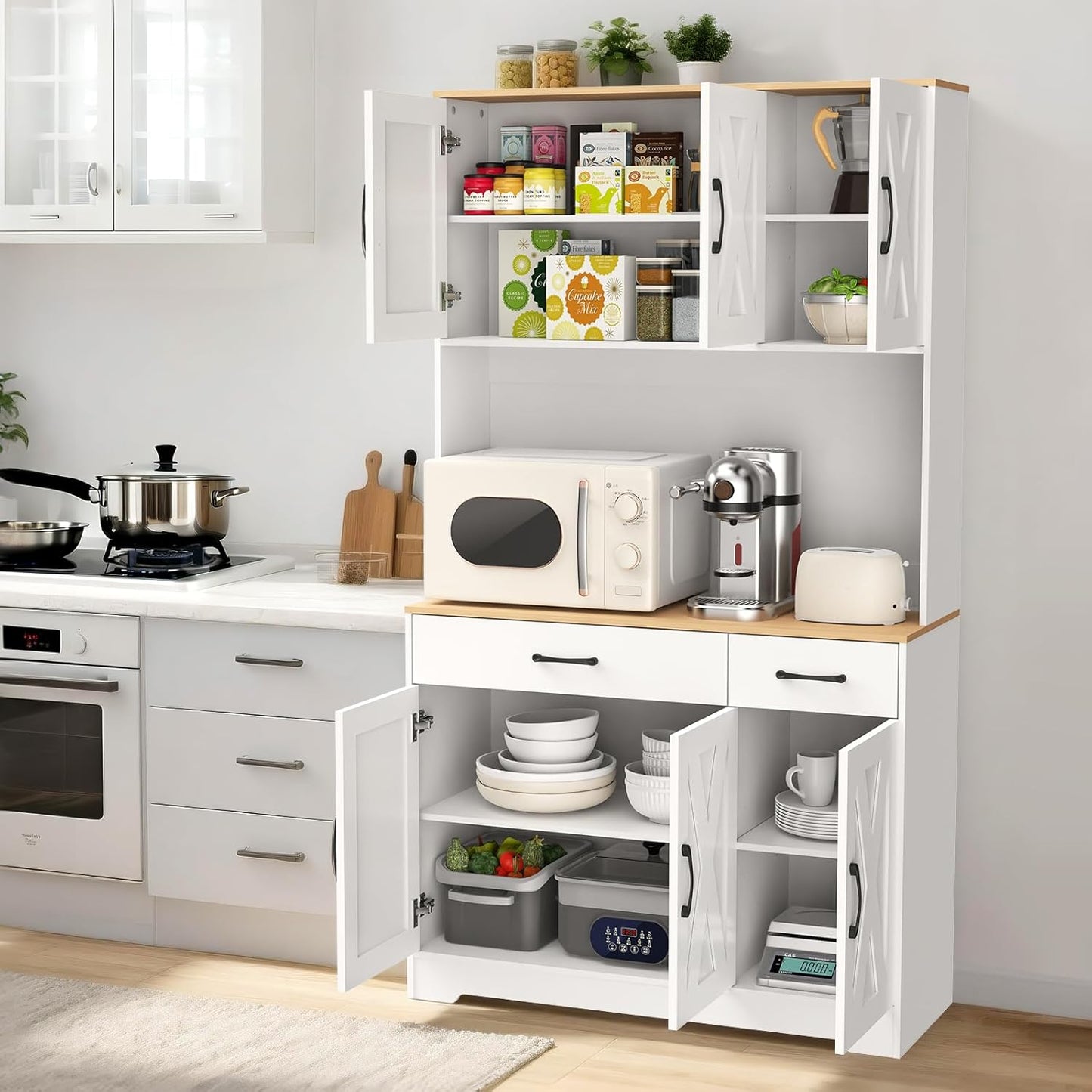 67" Tall Pantry Cabinet with Charging Station, Pantry Storage Cabinet with Drawers and Shelves, Food Pantry with Microwave Stand, Cupboard for Kitchen, Dining, Living Room, White