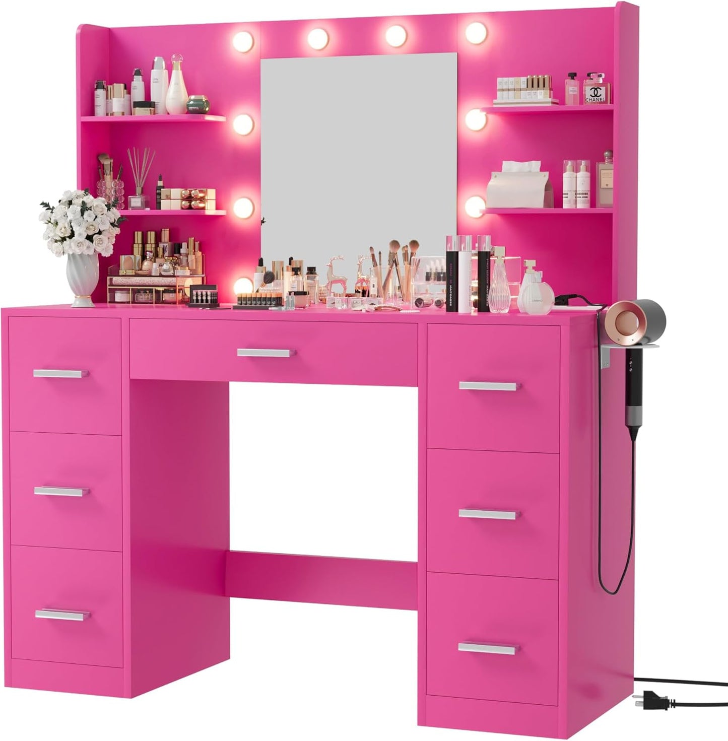 Furmax Vanity Desk with Mirror, LED Lights and Power Outlet Makeup Vanity Table with 7 Drawers and 6 Storage Shelves Dressing Table for Bedroom Dressing Room (White)
