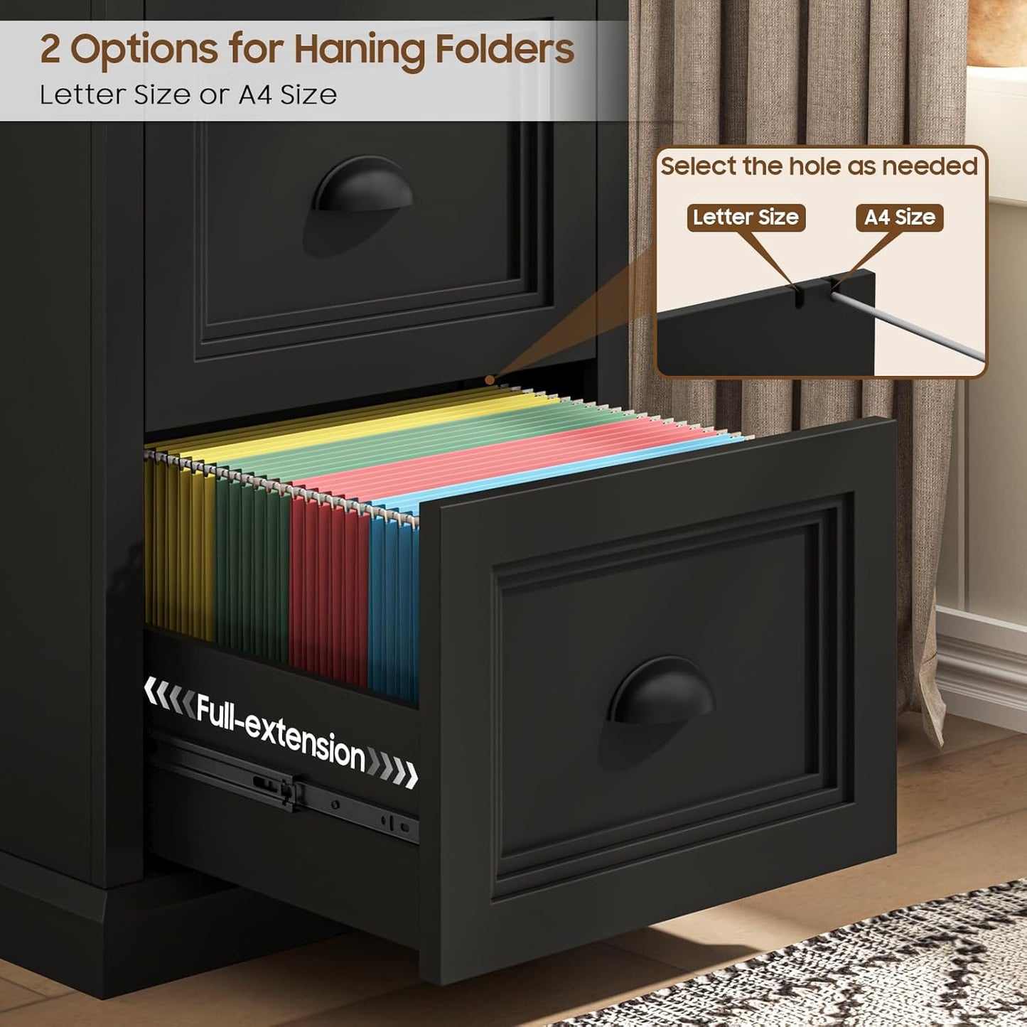 Vertical File Cabinet, Filing Cabinet with 2 File Drawers, Farmhouse Small File Cabinet Fits Letter/A4 Size, Wooden Printer Stand, Under Desk Cabinets for Home Office, Black