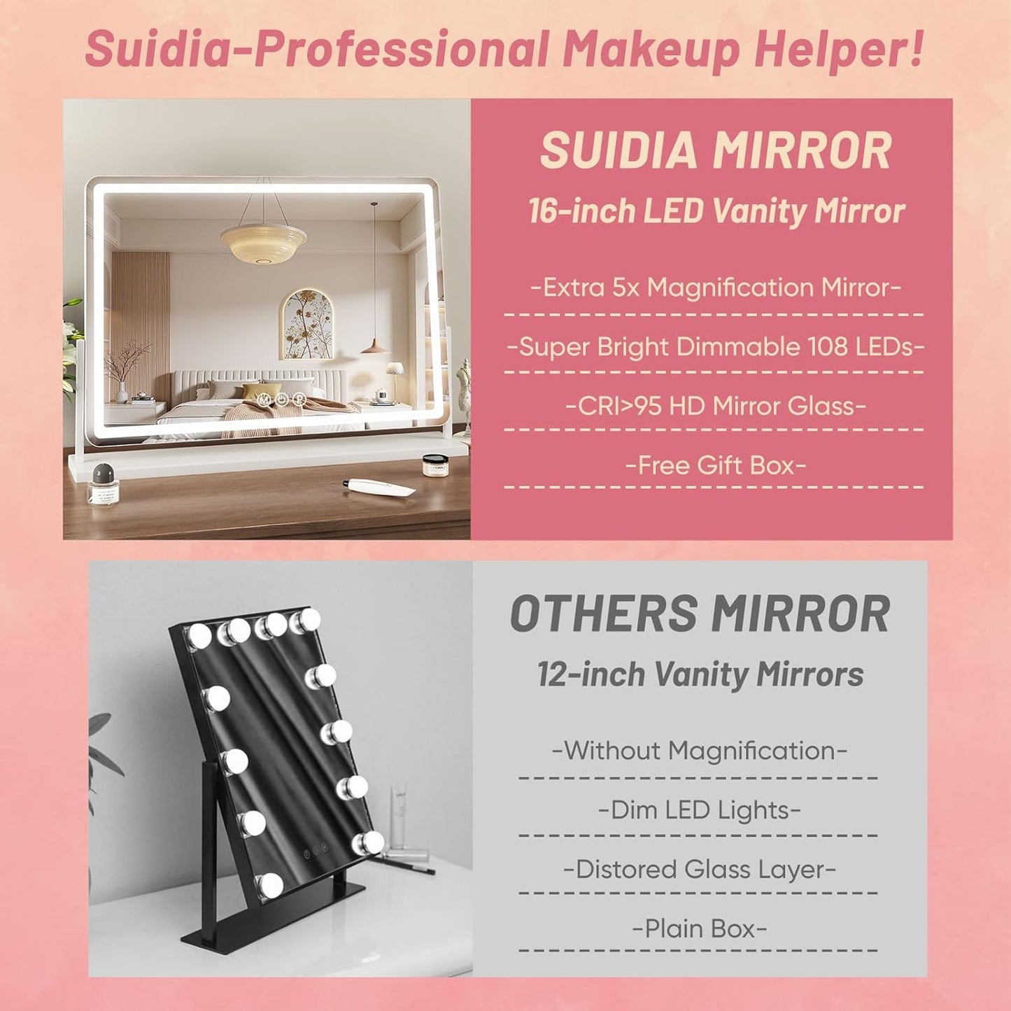 Suidia Vanity Mirror with Lights, 32"×22" LED Makeup Mirror with Light, Smart Touch with 3-Color Lighting, 360°Ratation for Vanity Desk Tabletop,White,Lamp Belt Style