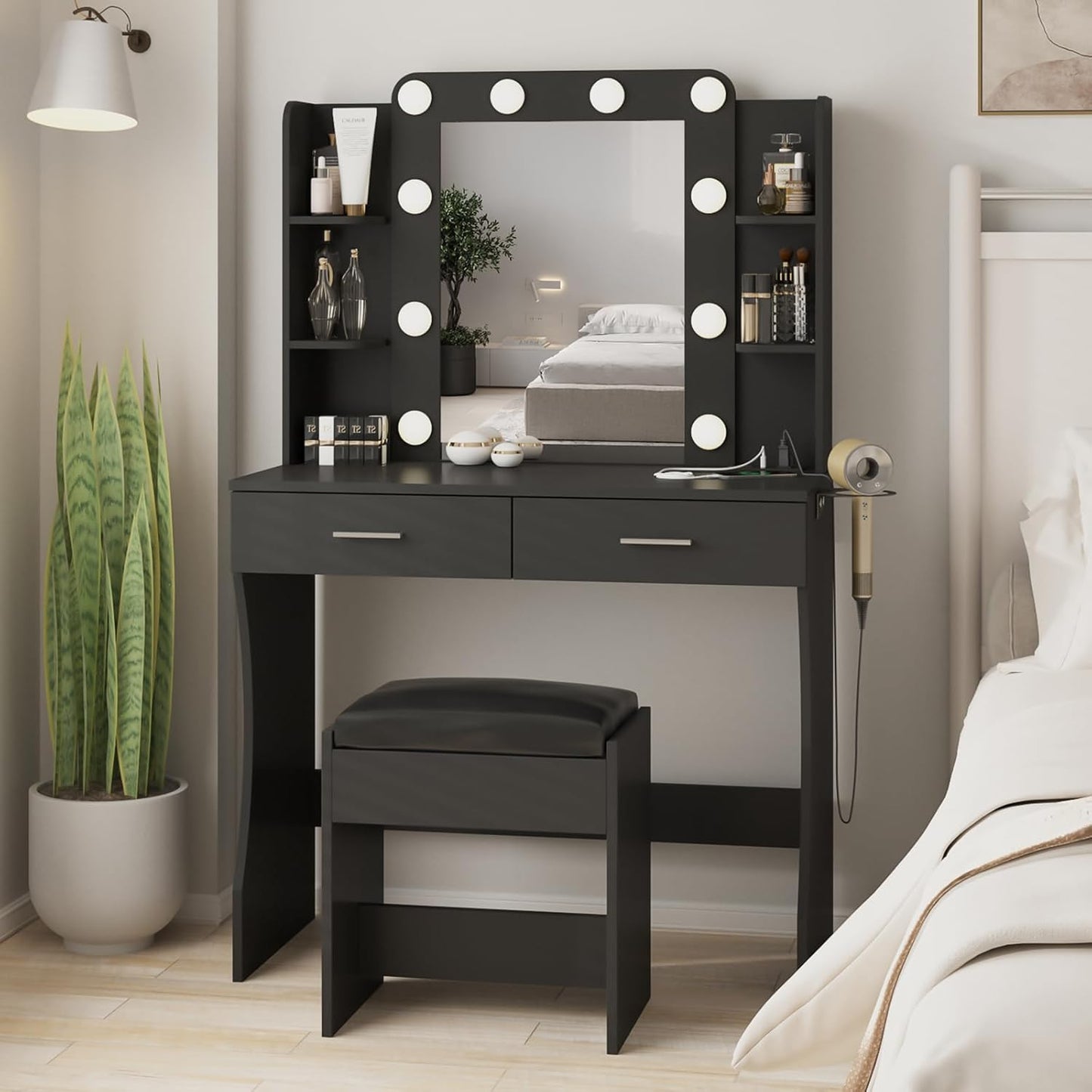 Vabches Vanity Desk with Lights,Makeup Vanity with Power Strip,Dressing Table Set with 2 Large Drawers,Vanity Mirror 3 Lighting Color Adjustable,White