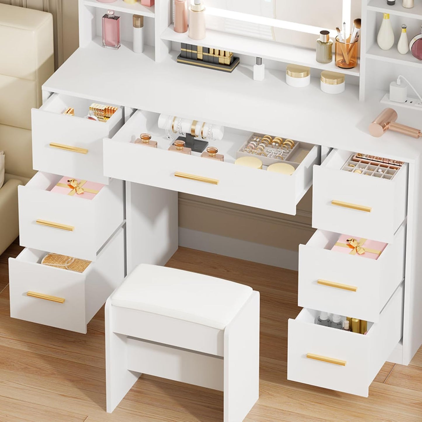 ANWBROAD Vanity Desk Table with Lighted Mirror 39.4“ Girls Makeup Vanity with Power Outlet 3 Colors Lighting Adjustable Brightness Vanity Table for Women Bedroom Dressing Room White UBDT65W