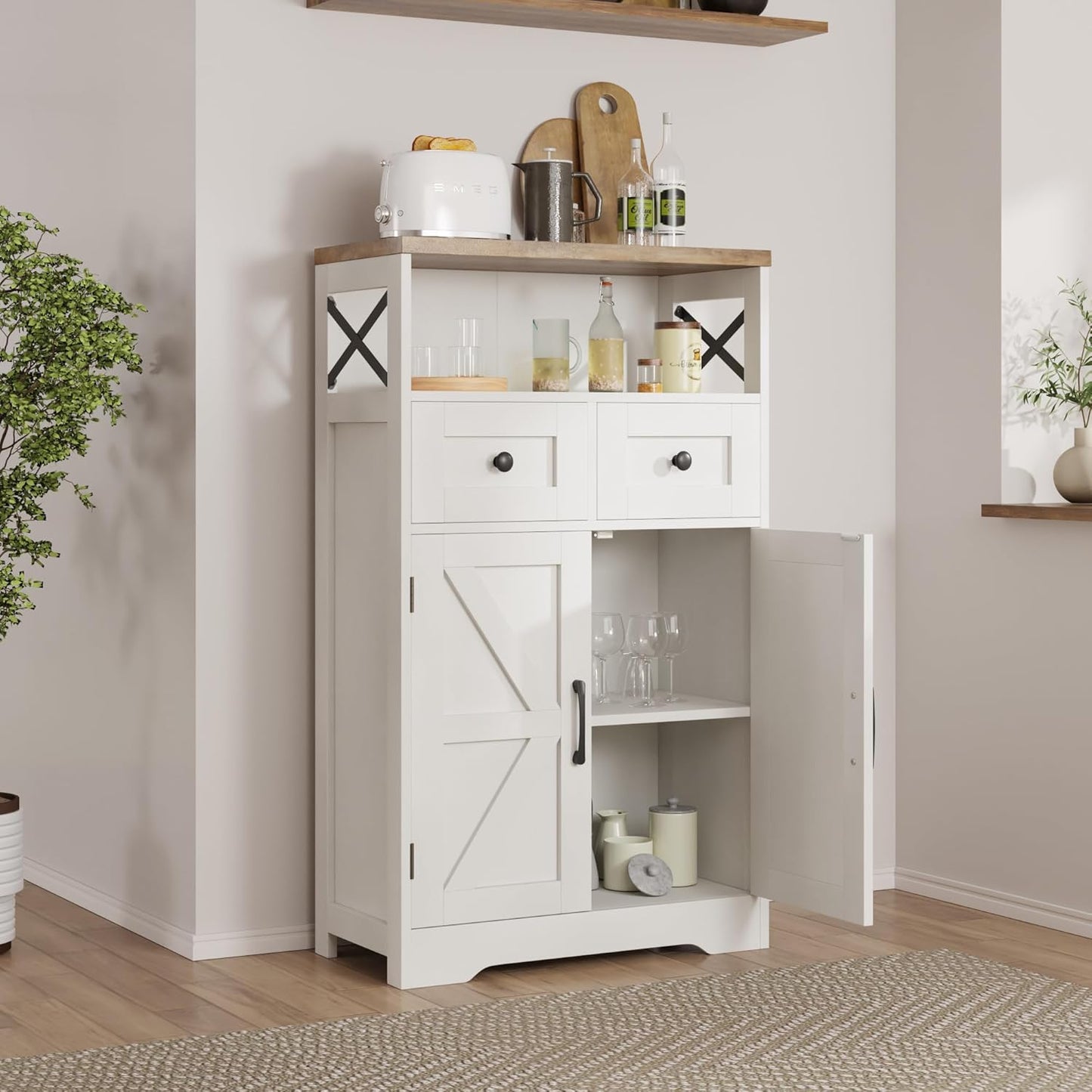 Farmhouse White Storage Cabinet with Doors and Drawers, Freestanding Kitchen Pantry Cabinet, Floor Storage Cabinet Hutch Cupboard for Kitchen/Laundry/Living Room/Bedroom