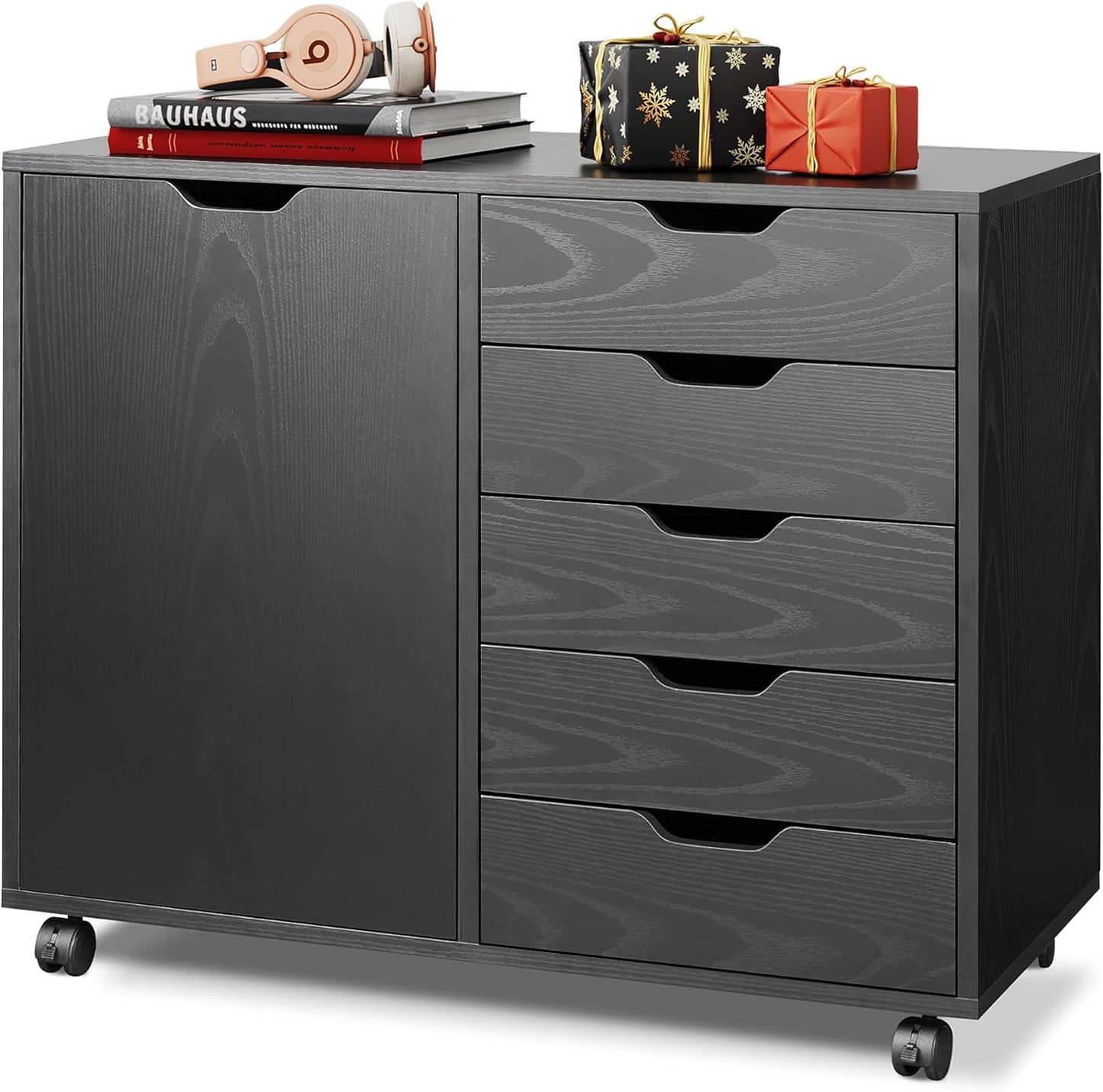 DEVAISE 5-Drawer Wood Dresser Chest with Door, Mobile Storage Cabinet, Printer Stand for Home Office