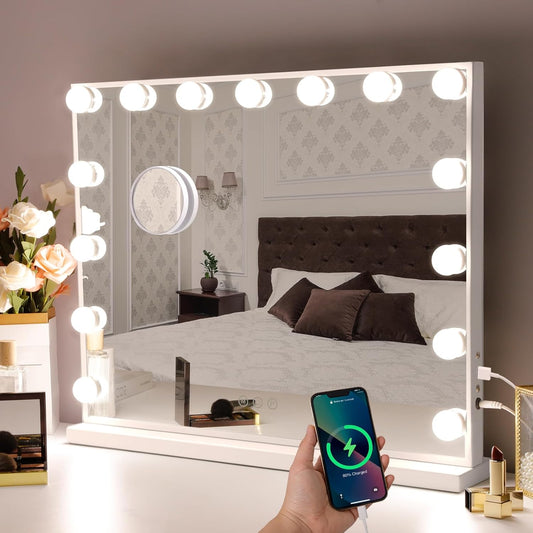 Hansong Vanity Mirror with Lights, 22''x18'' Hollywood Mirror, Makeup Mirror with 15 Dimmable Bulbs, 10X Magnification and USB Charging Port, White
