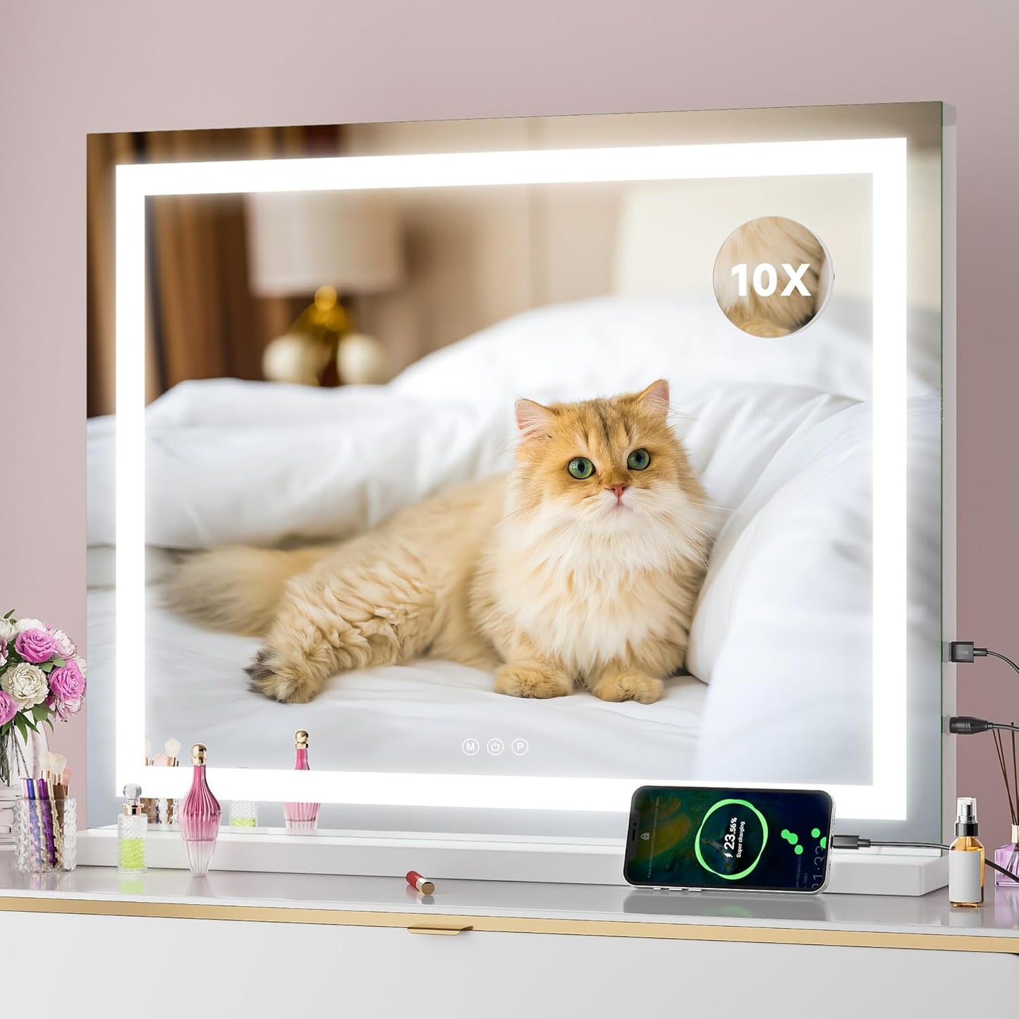 Vanity Mirror with Lights, 23" x 18" LED Makeup Mirror with 10X Magnification, Dimmable 3 Modes, Memory Function, Smart Touch, USB Charging Port, Lighted Makeup Mirror Square Glod