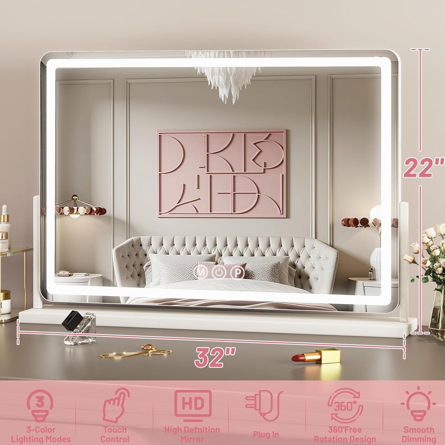 Suidia Vanity Mirror with Lights, 32"×22" LED Makeup Mirror with Light, Smart Touch with 3-Color Lighting, 360°Ratation for Vanity Desk Tabletop,White,Lamp Belt Style