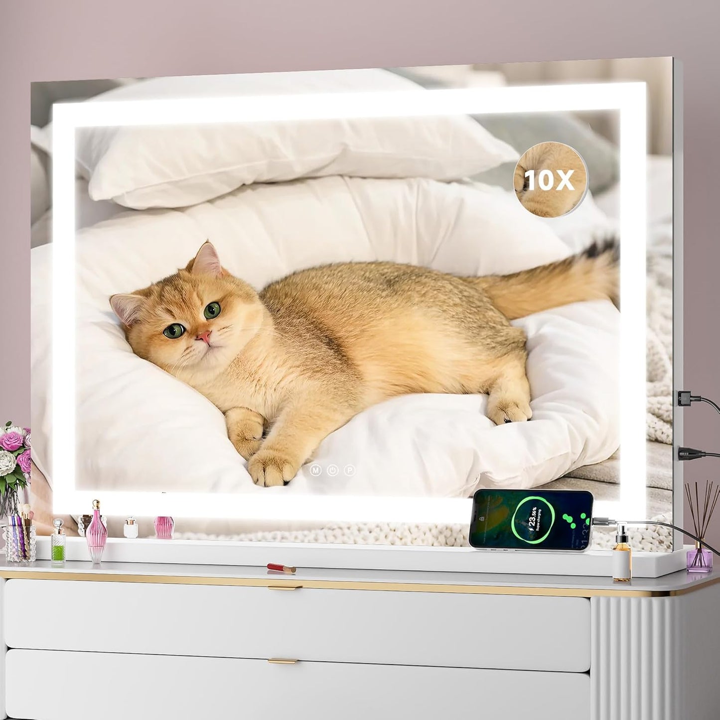 Vanity Mirror with Lights, 23" x 18" LED Makeup Mirror with 10X Magnification, Dimmable 3 Modes, Memory Function, Smart Touch, USB Charging Port, Lighted Makeup Mirror Square Glod