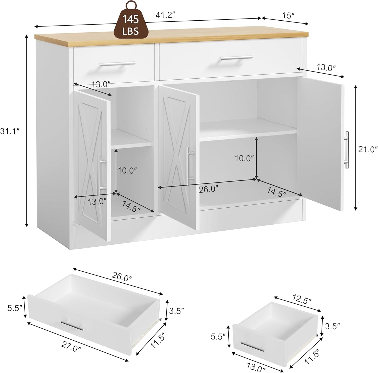 Shintenchi 3 Doors Farmhouse Sideboard Buffet Cabinet,41" Barn Doors Buffet Cabinet with Storage,Wood Coffee Bar Cabinet with Adjustable Shelf for Kitchen,Living Room,White