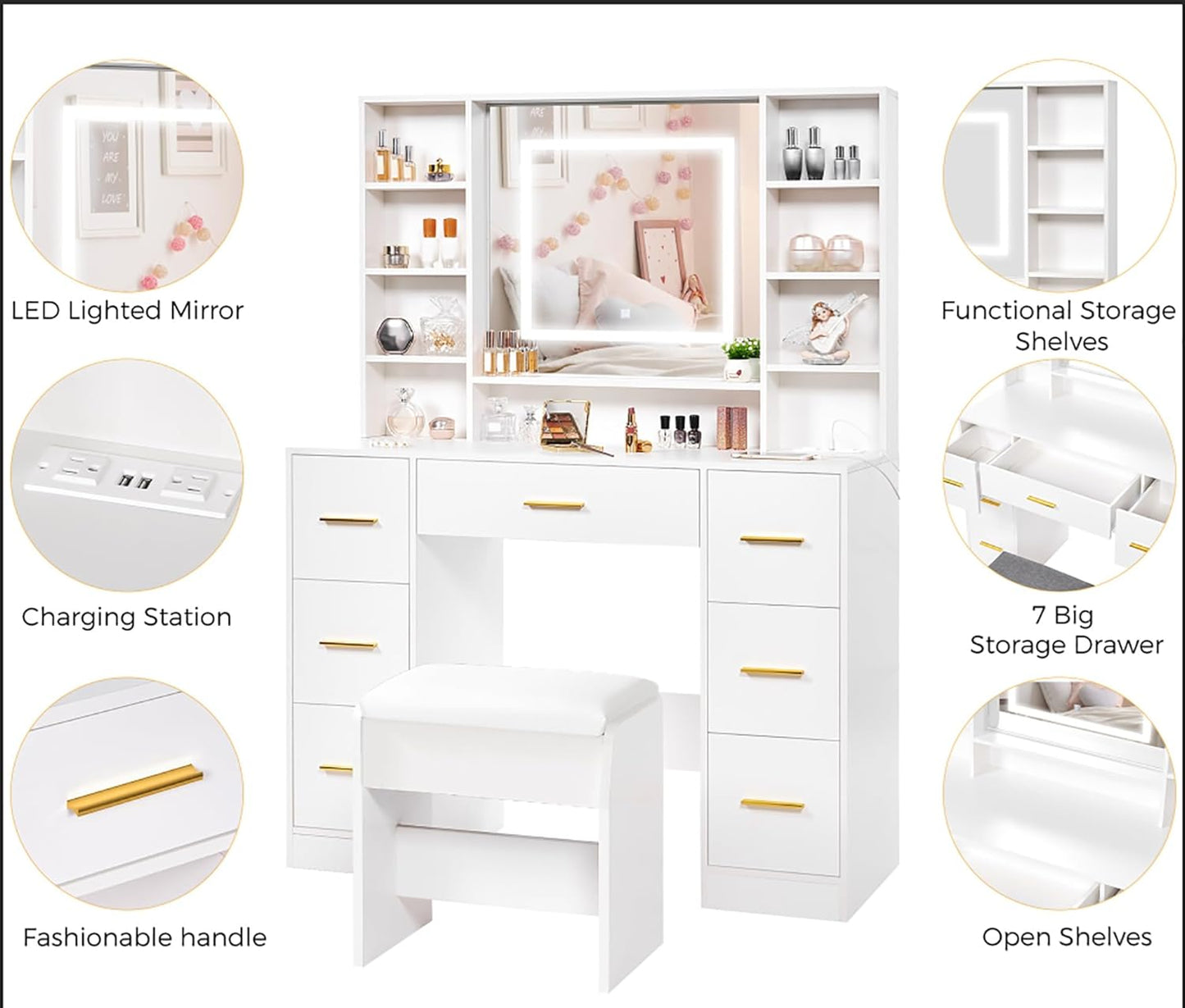 ANWBROAD Vanity Desk Table with Lighted Mirror 39.4“ Girls Makeup Vanity with Power Outlet 3 Colors Lighting Adjustable Brightness Vanity Table for Women Bedroom Dressing Room White UBDT65W