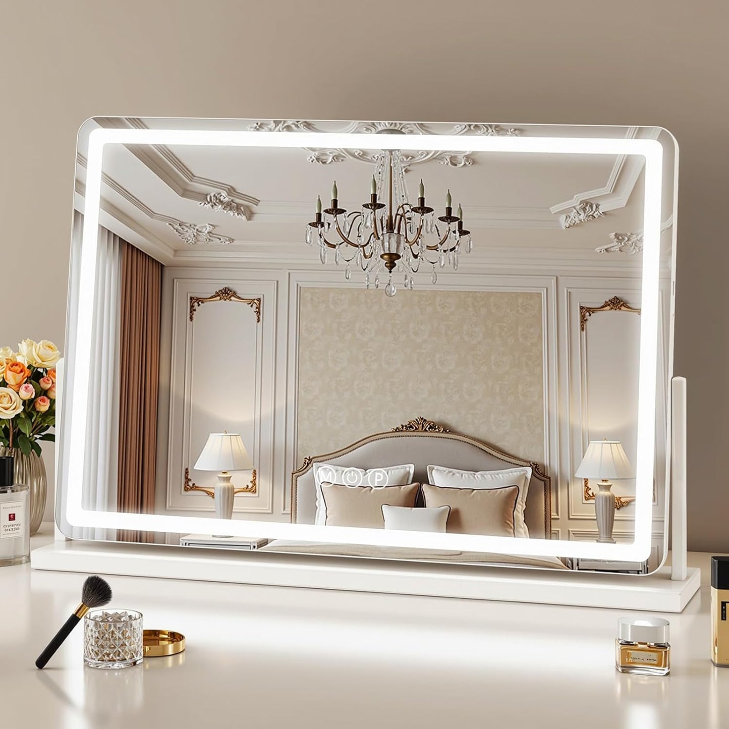 Suidia Vanity Mirror with Lights, 32"×22" LED Makeup Mirror with Light, Smart Touch with 3-Color Lighting, 360°Ratation for Vanity Desk Tabletop,White,Lamp Belt Style