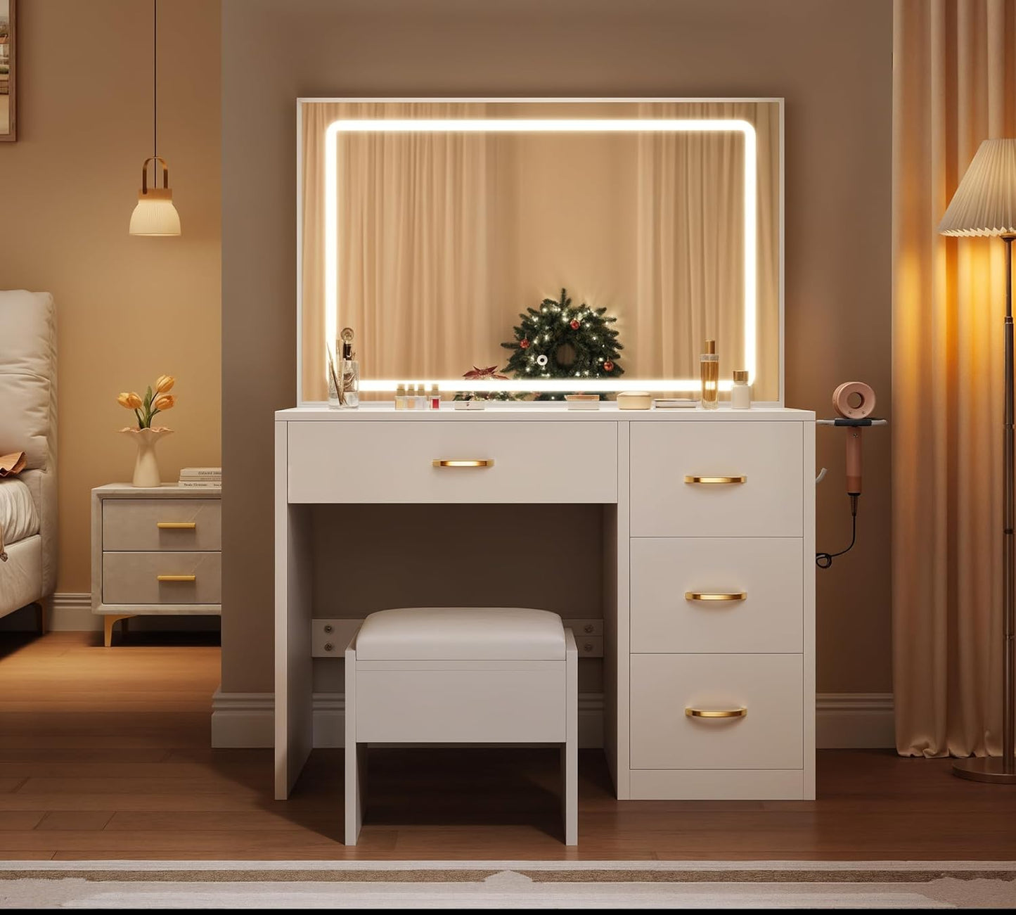 YITAHOME Vanity Desk Set with Large 35" LED Mirror and Lights, Makeup Table with 4 Drawers & Stool, 2 AC Outlets and 2 USB Ports, Adjustable Lighting, Modern Ample Storage Dressing Table, White