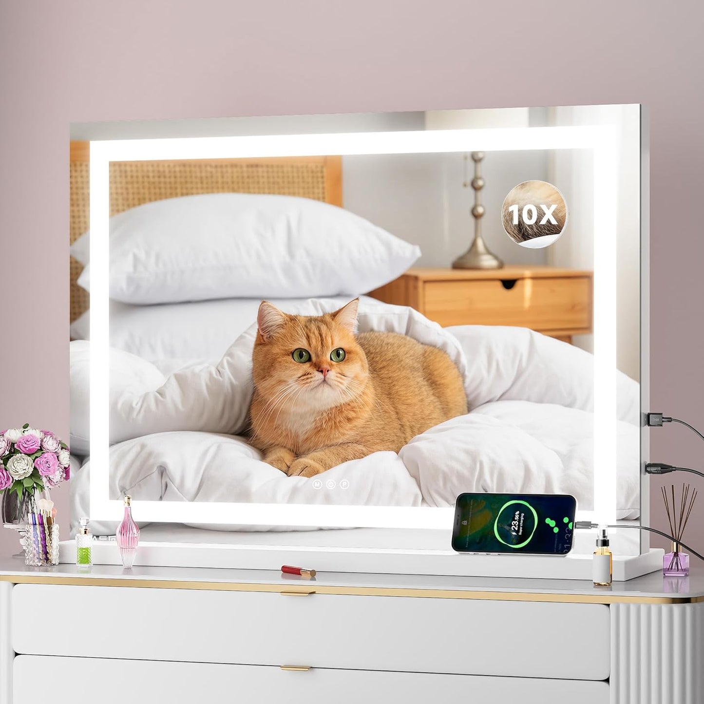 Vanity Mirror with Lights, 23" x 18" LED Makeup Mirror with 10X Magnification, Dimmable 3 Modes, Memory Function, Smart Touch, USB Charging Port, Lighted Makeup Mirror Square Glod