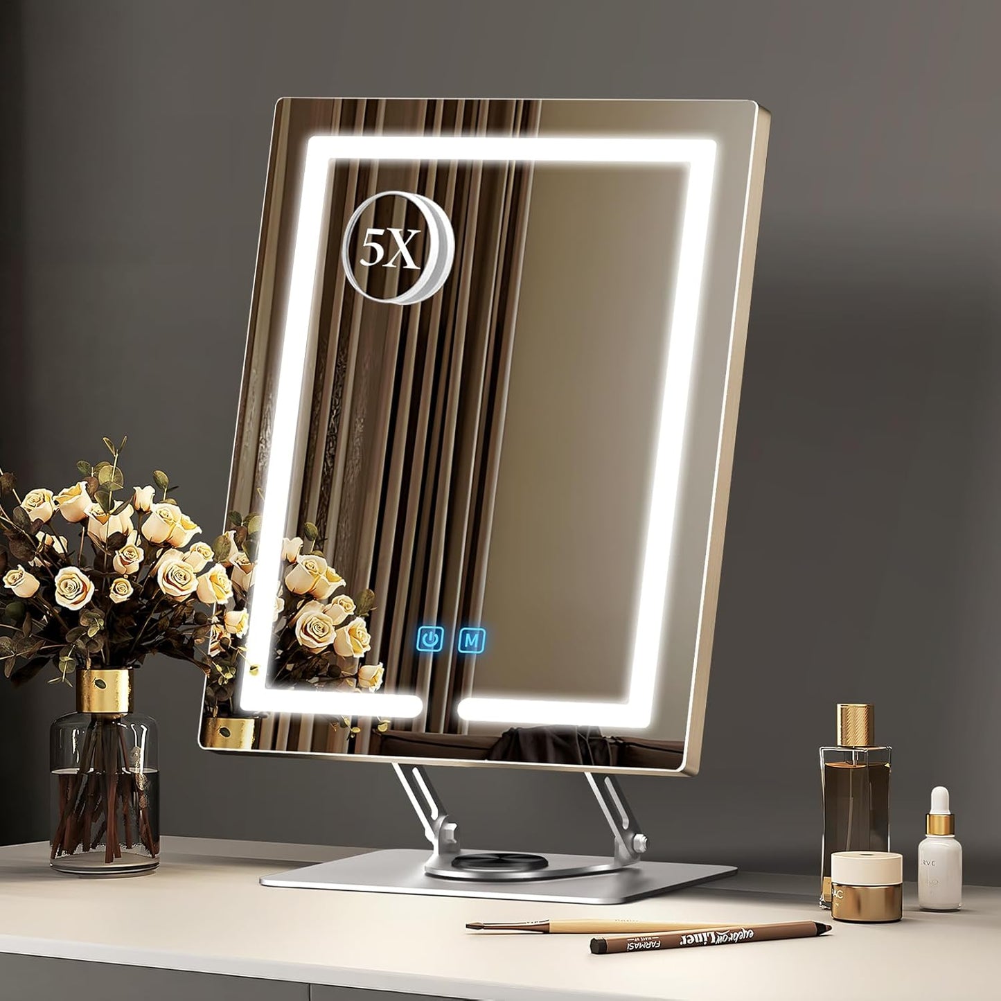 Vanity Mirror with Lights with 360° Rotation, LED Makeup Mirror with 5X Magnification, Lighted Makeup Mirror Adjustable Height, Angle and Light, Smart Touch Control Dark Gray