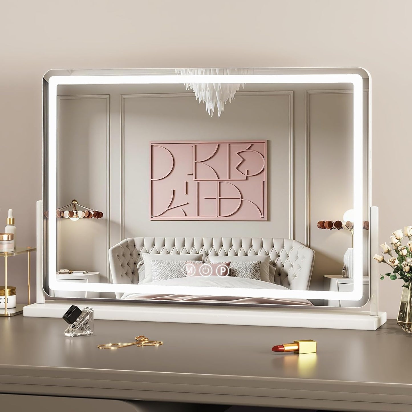 Suidia Vanity Mirror with Lights, 32"×22" LED Makeup Mirror with Light, Smart Touch with 3-Color Lighting, 360°Ratation for Vanity Desk Tabletop,White,Lamp Belt Style