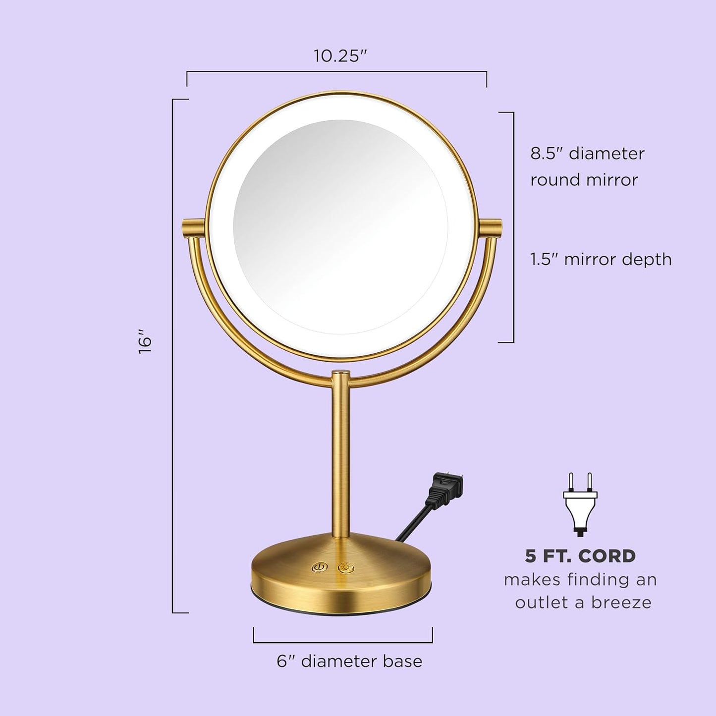 Conair Lighted Makeup Mirror, Double-Sided LED Vanity Mirror with 1X/10X Magnification, 3 Light Settings, 3 Modes, 360° Rotation, Brushed Brass Finish