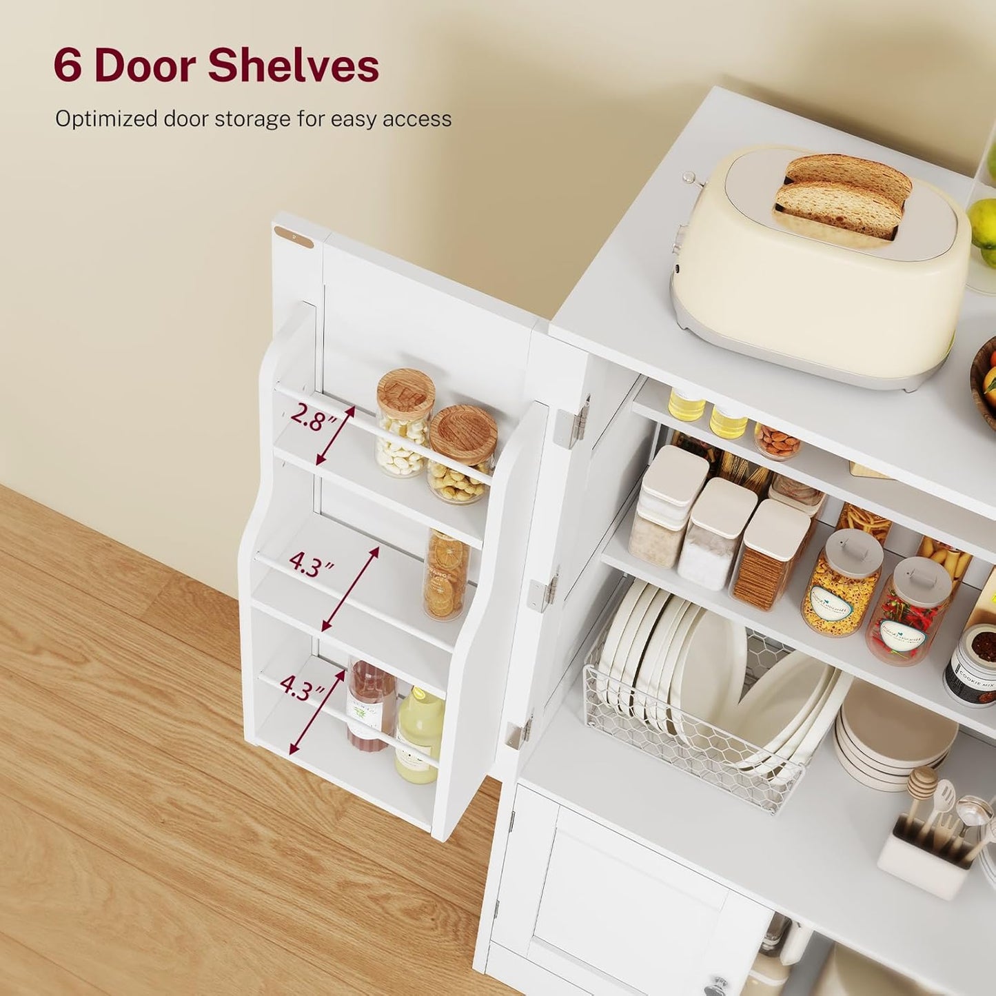 TEENFON 43'H Pantry Cabinet with 4 Doors, Kitchen Cabinet with 6 Door Shelves, Kitchen Pantry for Living Room, Dining Room, Bathroom, White