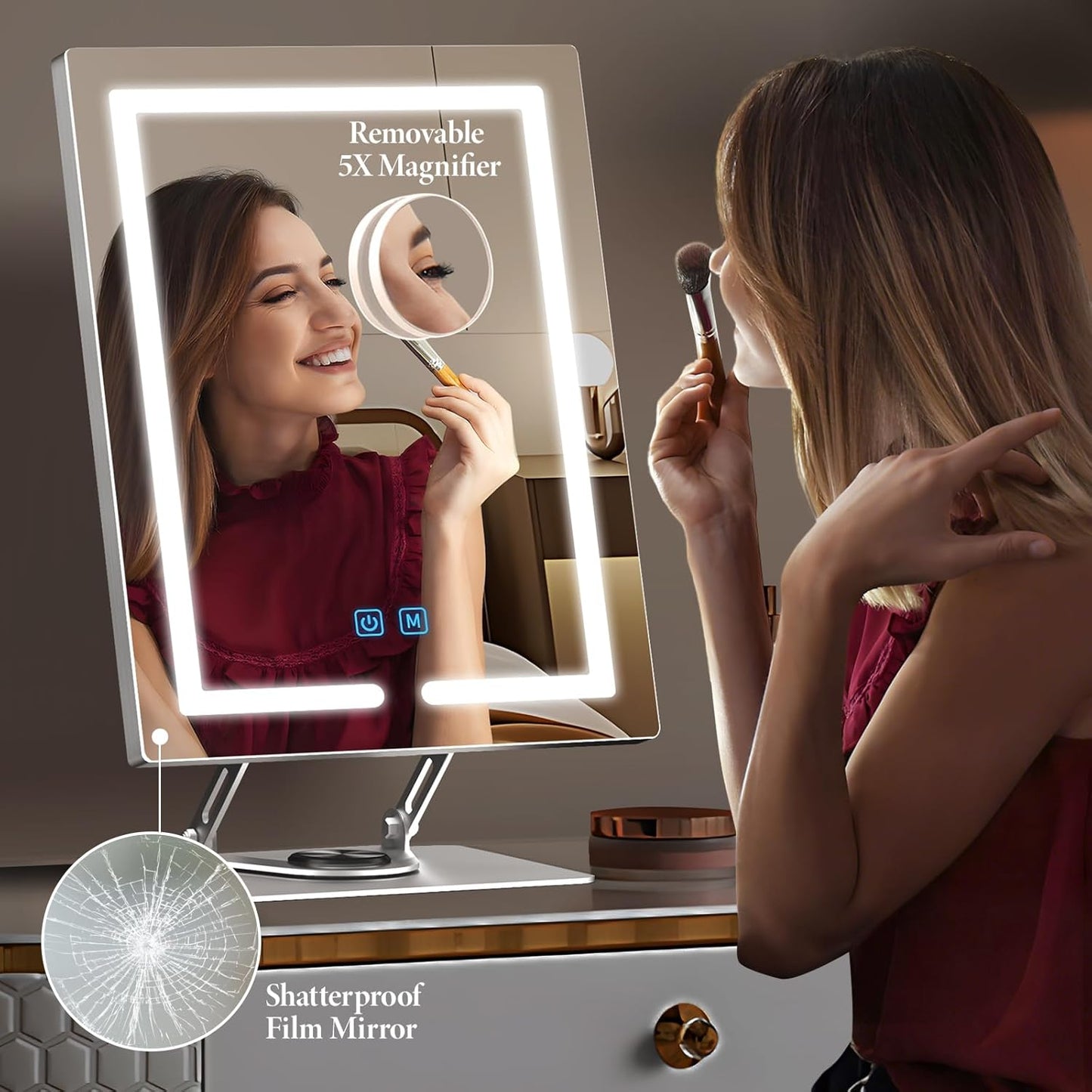 Vanity Mirror with Lights with 360° Rotation, LED Makeup Mirror with 5X Magnification, Lighted Makeup Mirror Adjustable Height, Angle and Light, Smart Touch Control Dark Gray