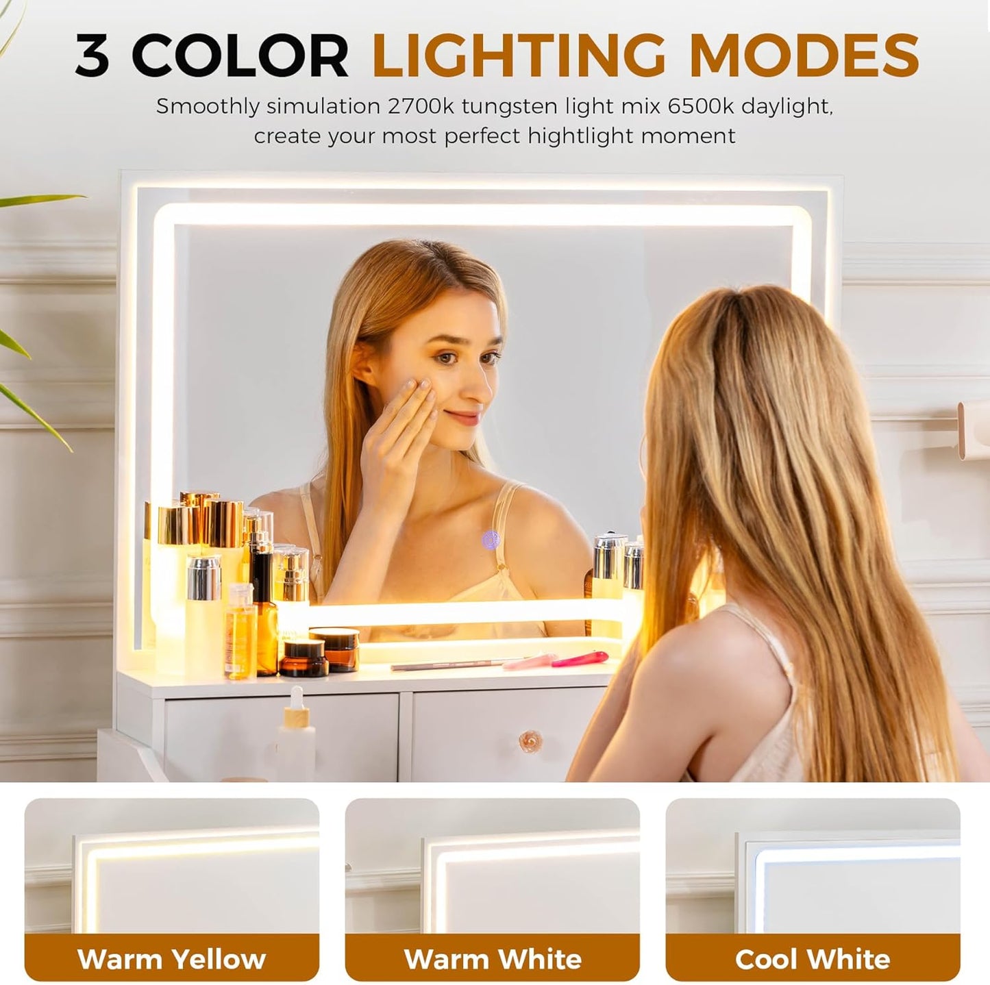 COMHOMA Makeup Vanity Desk with Mirror and Lights, Vanity Table and Chair Set with 5 Drawers and Charging Station, Bedroom Dresser LED Mirror Stepless Dimmable & 3 Color Modes Adjustable, White