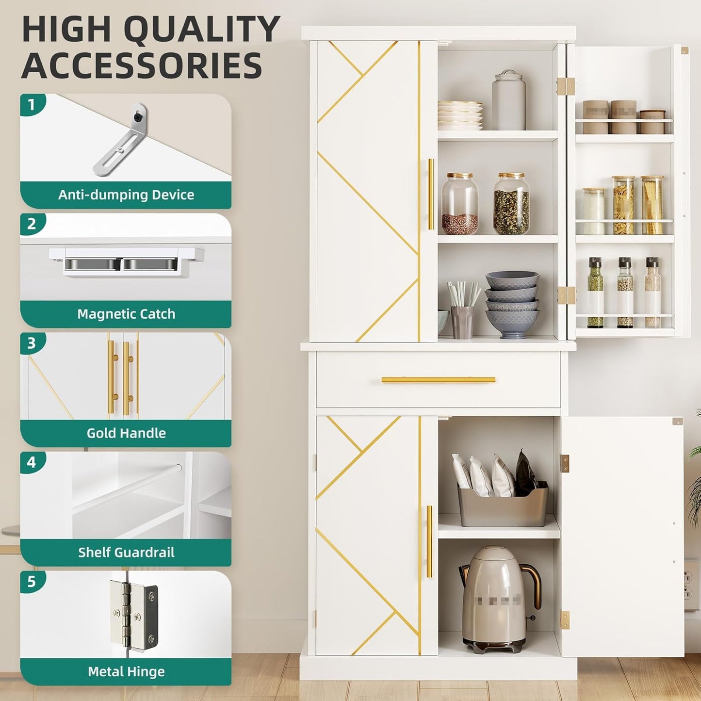 DWVO Kitchen Pantry Cabinet, 72'' Tall Freestanding Buffet Cupboard Kitchen Storage Cabinet with Drawer & 6 Side Shelves, Food Pantries for Dining Room, Living Room, White