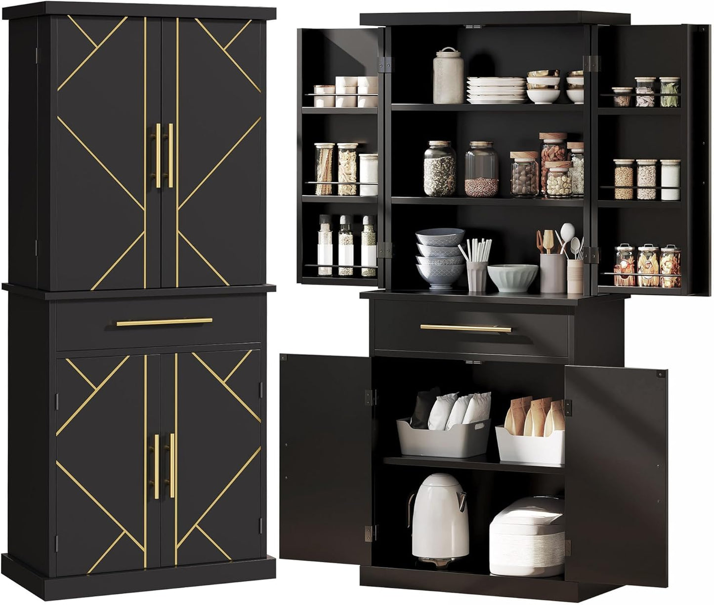 DWVO Kitchen Pantry Cabinet, 72'' Tall Freestanding Buffet Cupboard Kitchen Storage Cabinet with Drawer & 6 Side Shelves, Food Pantries for Dining Room, Living Room, White