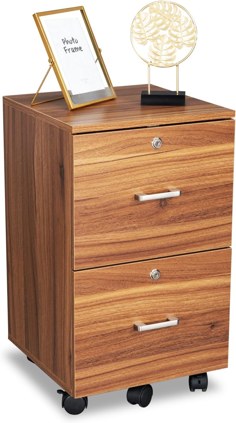 VINGLI 2 Drawer File Cabinet with Lock, Wood Grain Walnut File Cabinet for Letter Size File Folders with Tabs, Under Desk Rolling File Cabinets for Home Office, Mobile Filing Cabinet Printer Stand