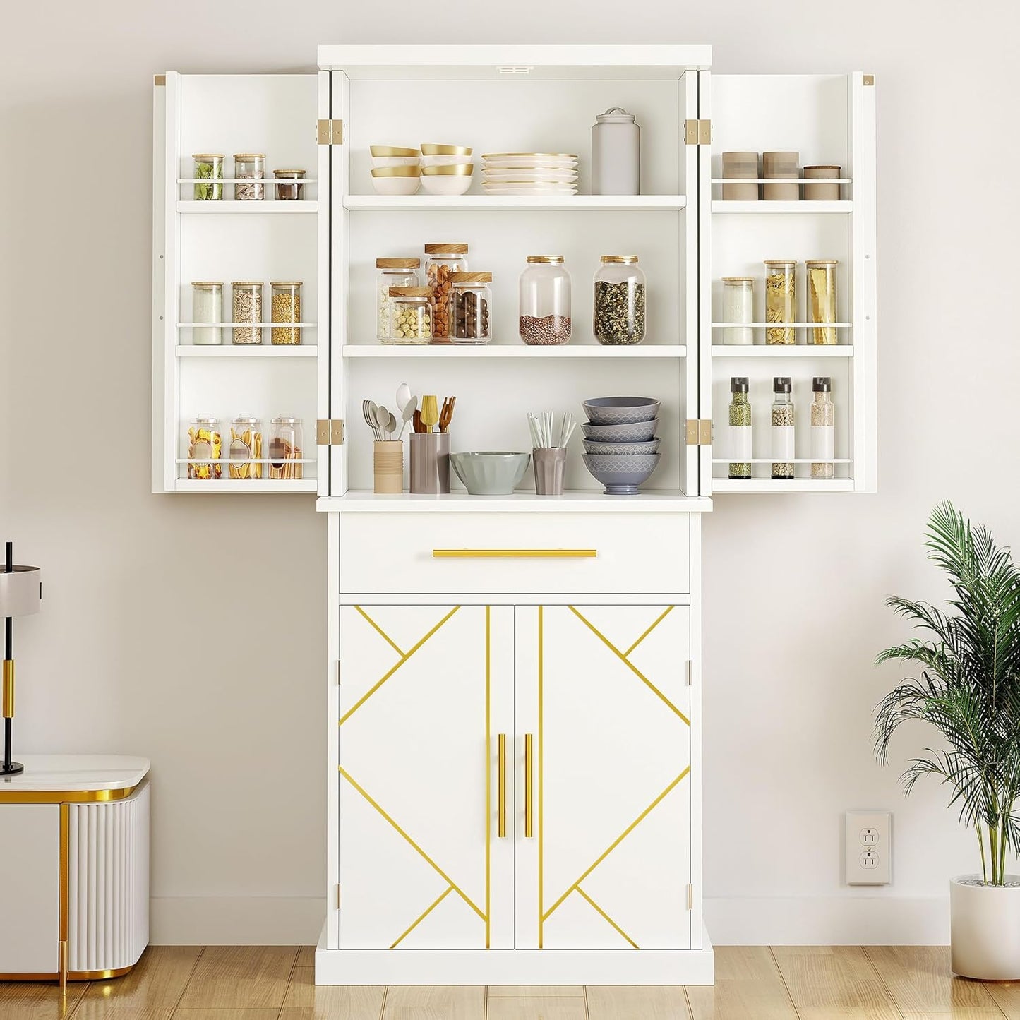 DWVO Kitchen Pantry Cabinet, 72'' Tall Freestanding Buffet Cupboard Kitchen Storage Cabinet with Drawer & 6 Side Shelves, Food Pantries for Dining Room, Living Room, White