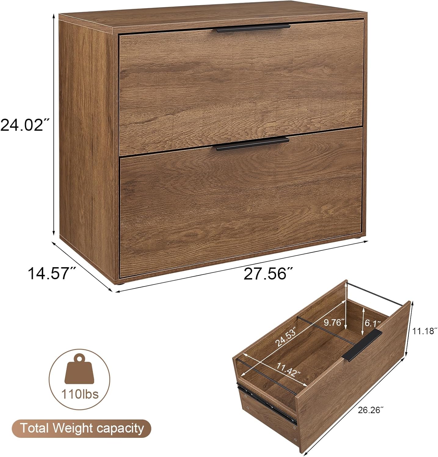 LUCYPAL 2 Drawer Lateral File Cabinet,Wood Filing Cabinets for Home Office,Large Printer Stand File Cabinets with Handle for Letter Size Files,Brown 27.56" W x 14.57" D x 24.02" H