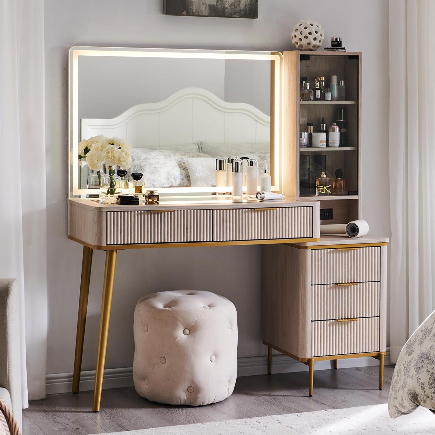 T4TREAM Fluted Makeup Vanity Desk with 36" HD Lighted Mirror, 48" Big Modern Vanity Desk with Mirror and Lights, Dressing Table with 5 Drawers & Shelves, Glass Top for Bedroom (Natural Oak)