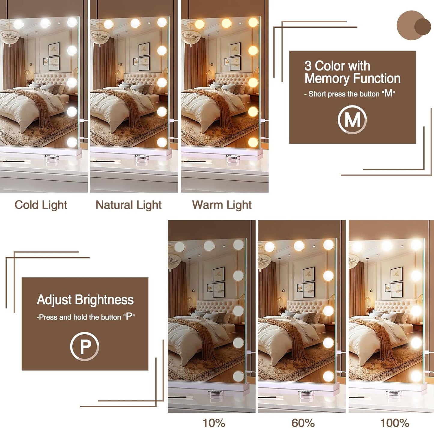 Vanity Makeup Mirror with Lights, Light Up Mirror with Smart Touch 3 Colors Dimmable, Memory Function