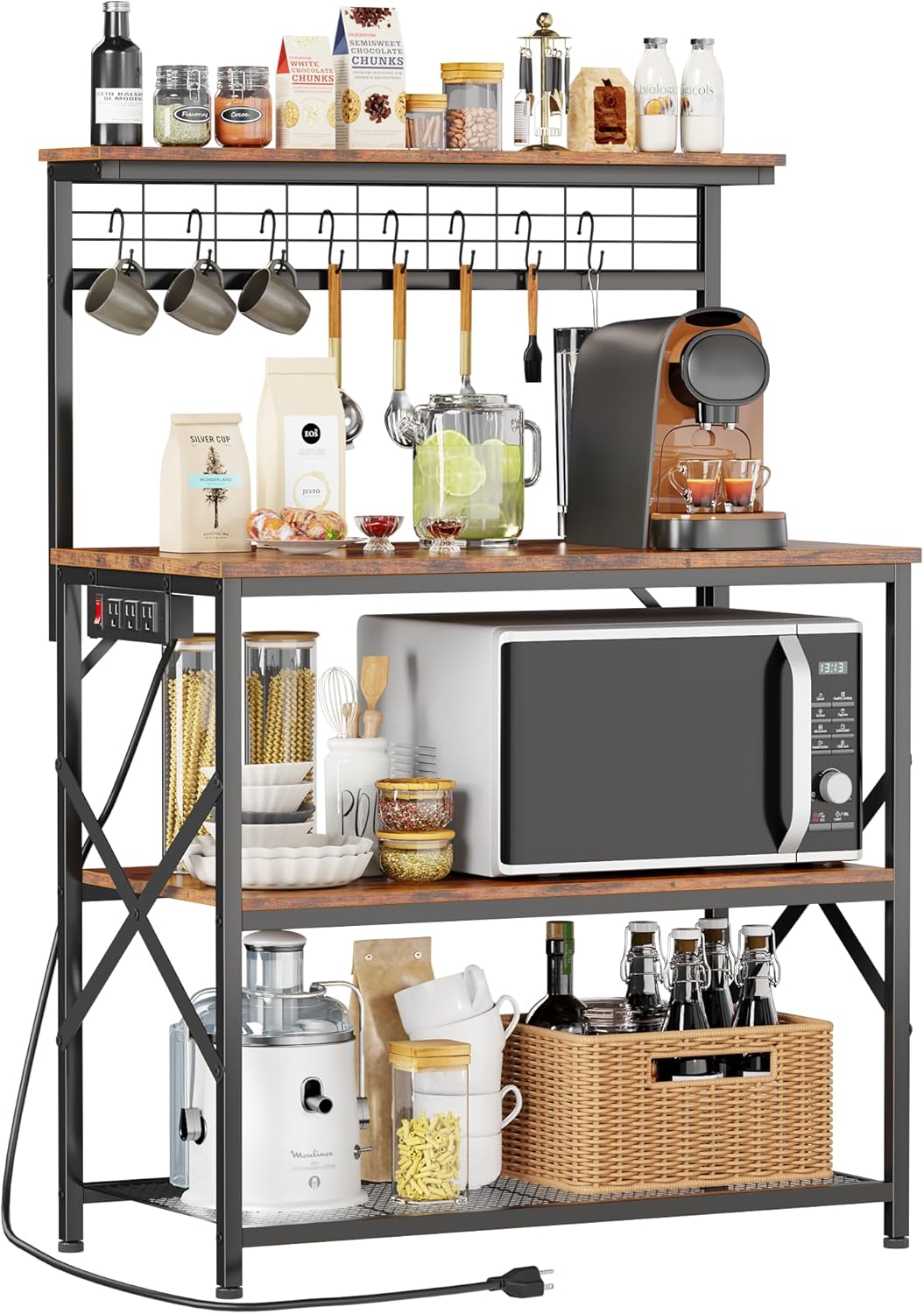 Furologee Kitchen Bakers Rack with Power Outlet, Microwave Oven Stand with Storage 4 Tiers, Coffee Bar Table with 6 S Hooks, Kitchen Storage Shelf Rack for Spices, Pots, Rustic Brown