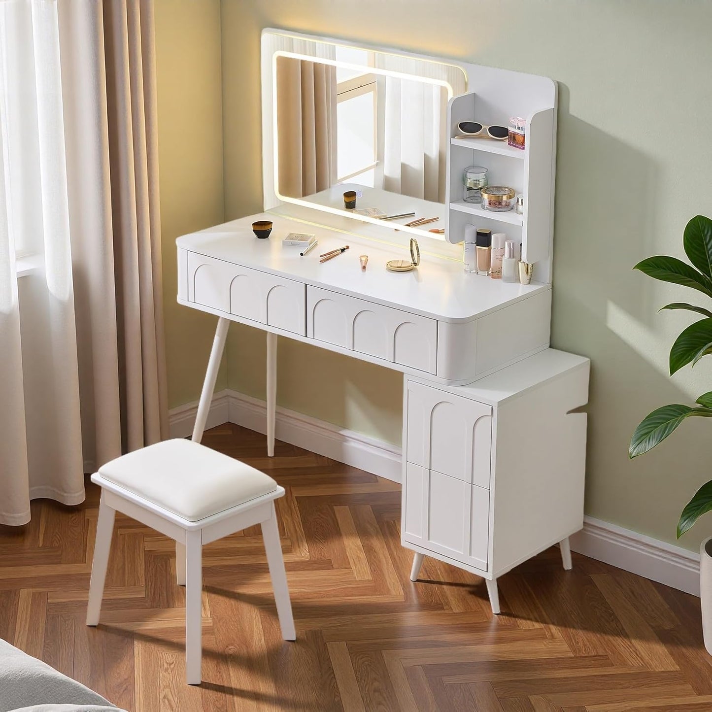 Wooden Makeup Vanity Desk, Modern Dressing Table with Spacious Desktop & Large Drawer, Stool, Space-Saving Dresser Table with Side Cabinets & Charging Port for Small Places, Walnut