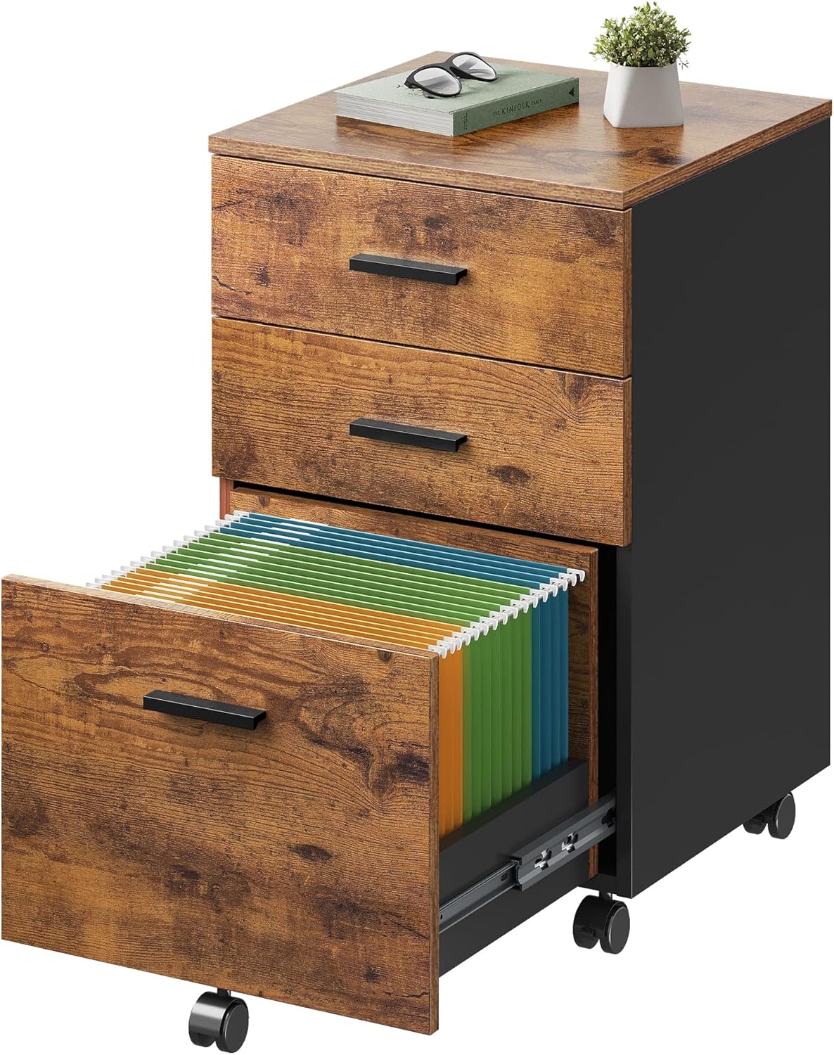 DEVAISE 3 Drawer File Cabinet for Home Office, Wood Under Desk Filing Cabinet, Rolling Printer Stand with Wheels, Walnut
