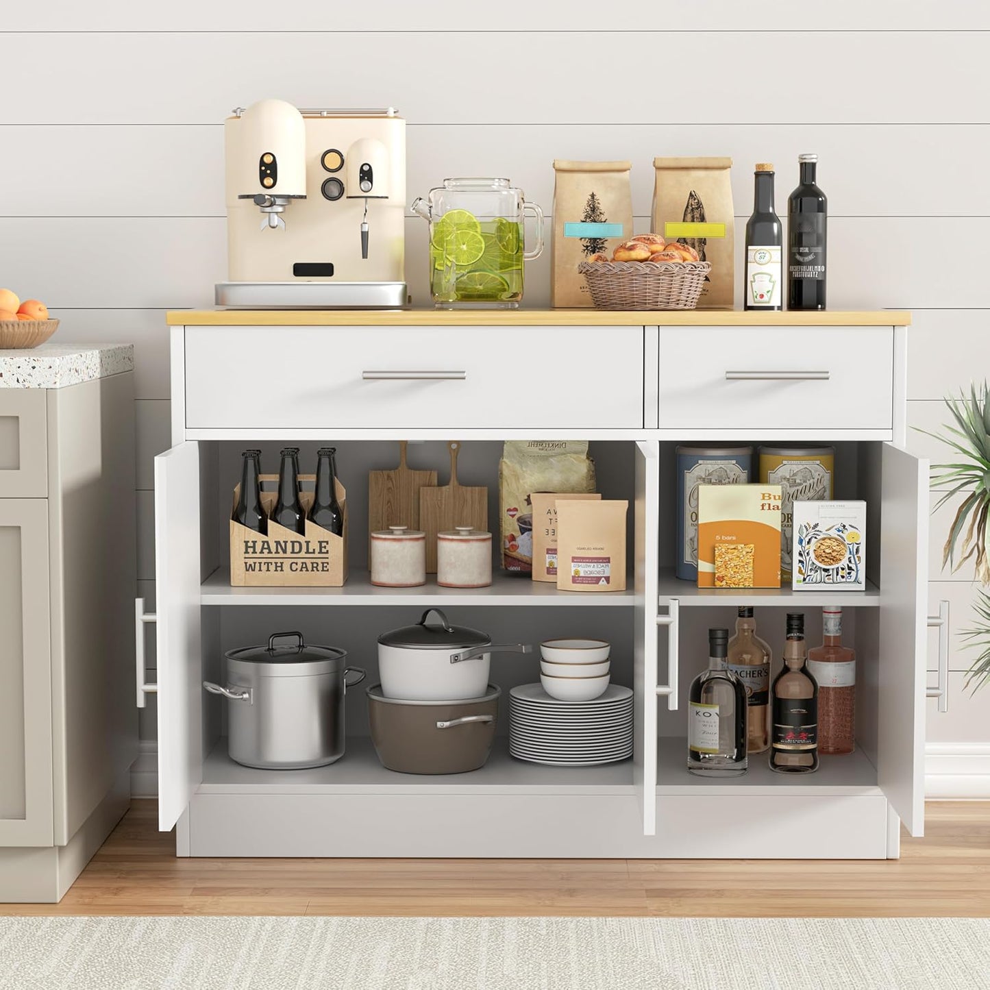 Shintenchi 3 Doors Farmhouse Sideboard Buffet Cabinet,41" Barn Doors Buffet Cabinet with Storage,Wood Coffee Bar Cabinet with Adjustable Shelf for Kitchen,Living Room,White