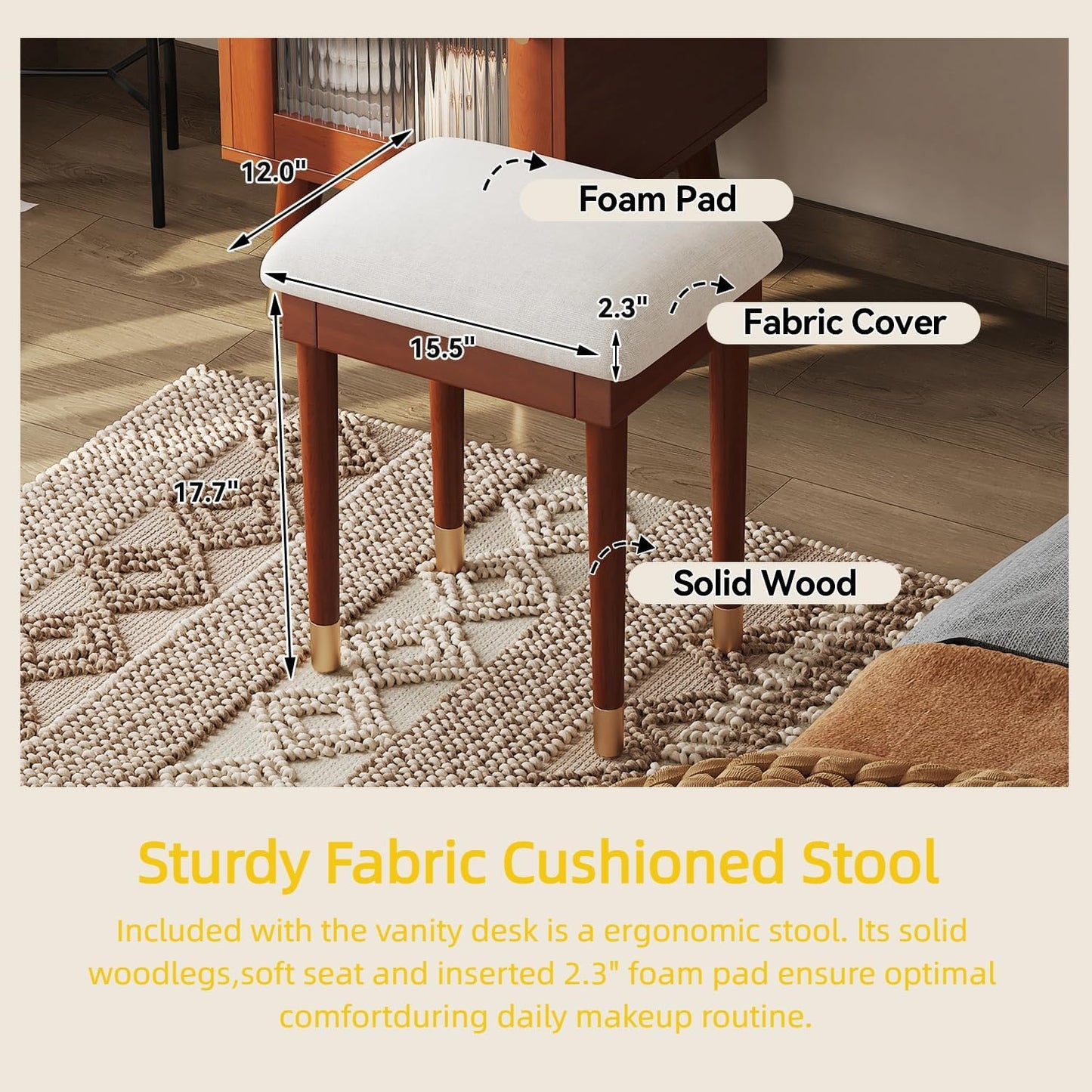 Wooden Makeup Vanity Desk, Modern Dressing Table with Spacious Desktop & Large Drawer, Stool, Space-Saving Dresser Table with Side Cabinets & Charging Port for Small Places, Walnut