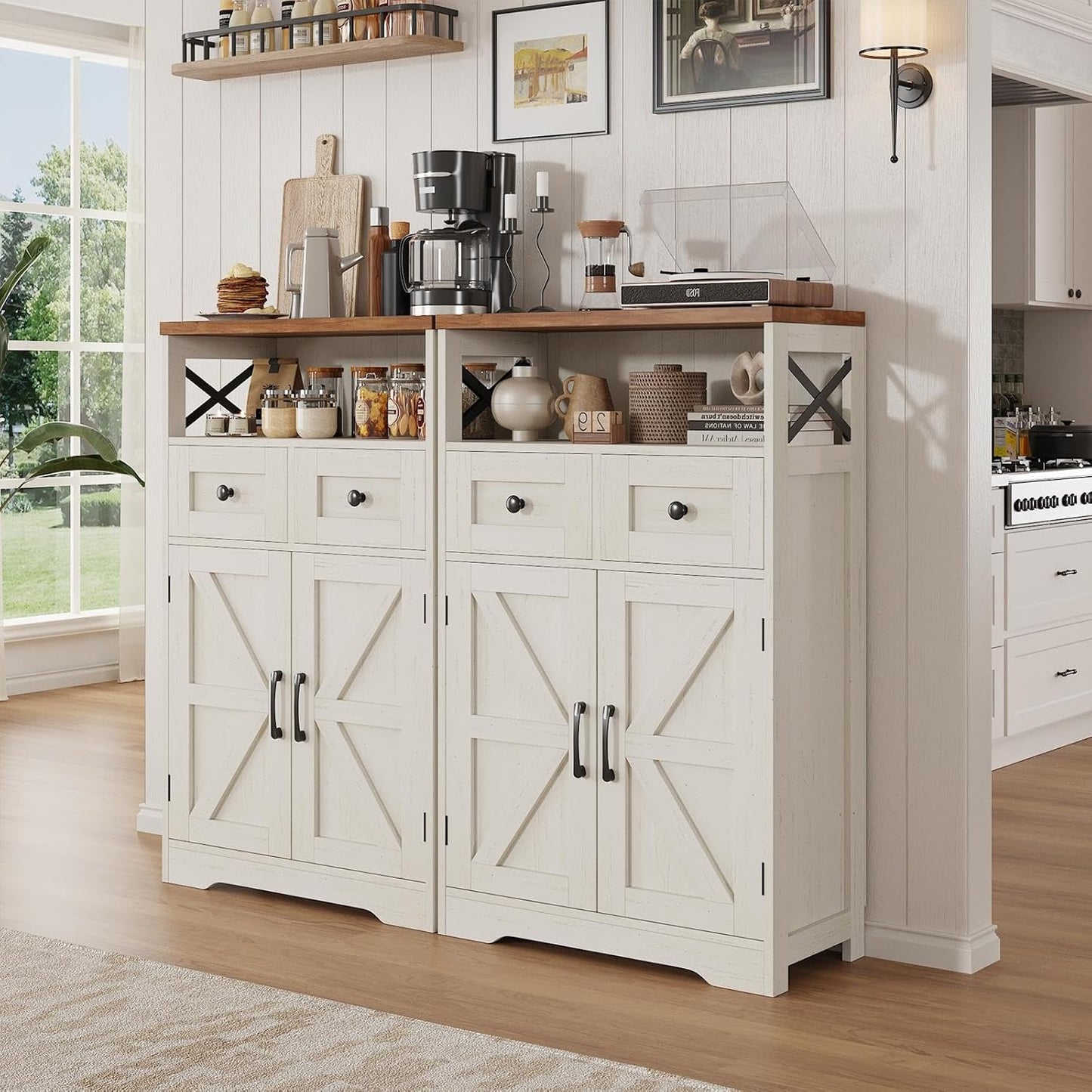 Farmhouse White Storage Cabinet with Doors and Drawers, Freestanding Kitchen Pantry Cabinet, Floor Storage Cabinet Hutch Cupboard for Kitchen/Laundry/Living Room/Bedroom